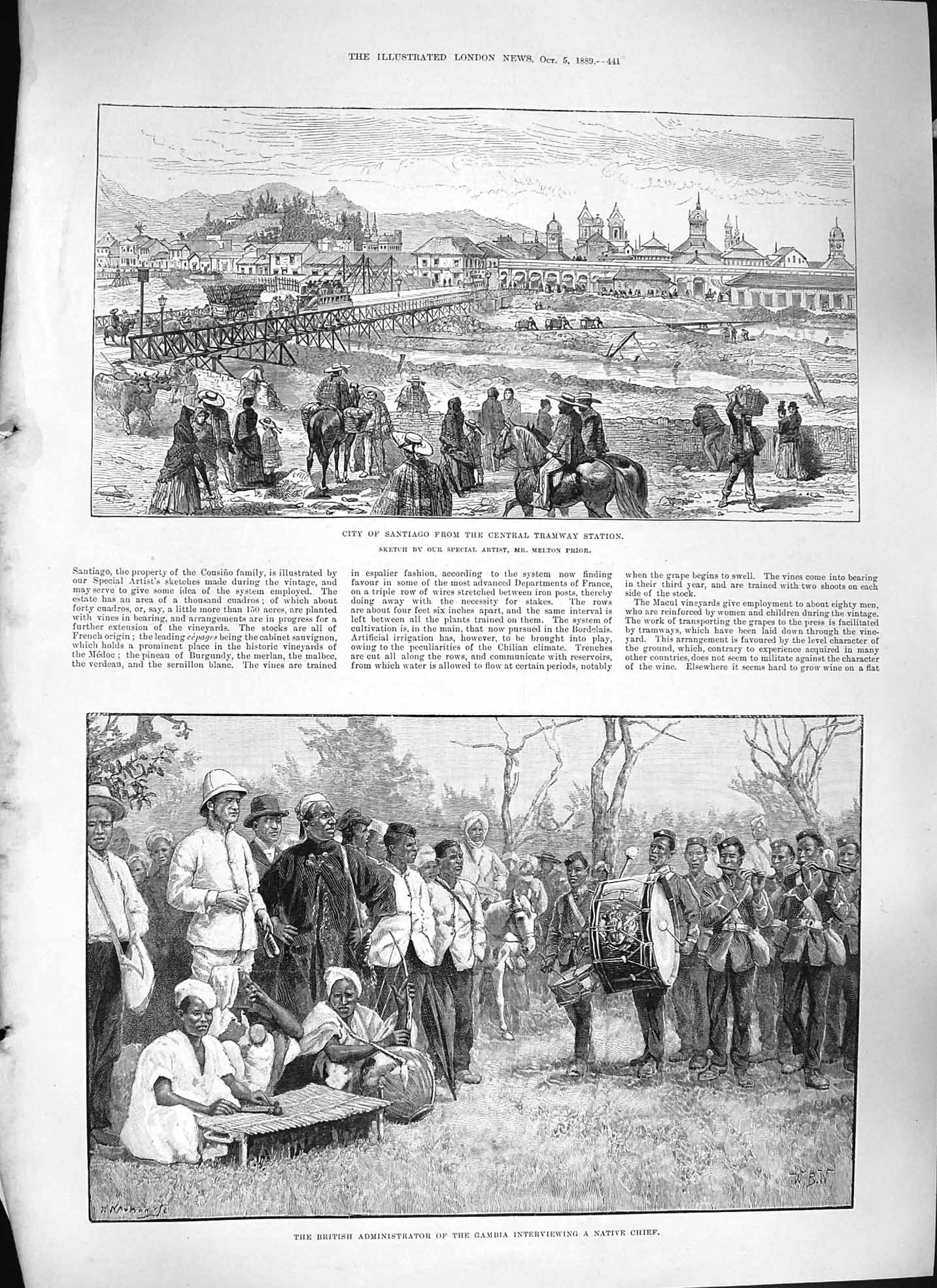 Original Old Antique Print 1889 City Santiago Tramway Station British Gambia