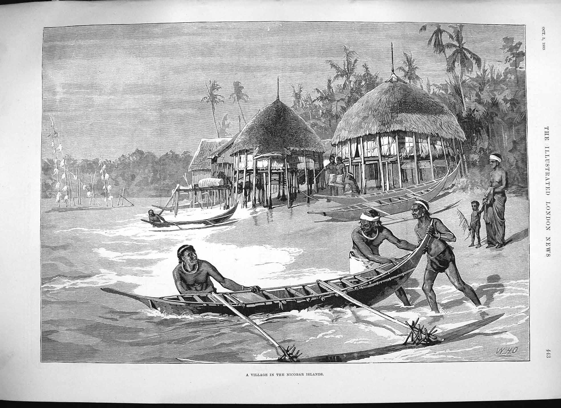 Old Antique Print 1889 Scene Village Nicobar Islands Natives Canoes Huts 19th