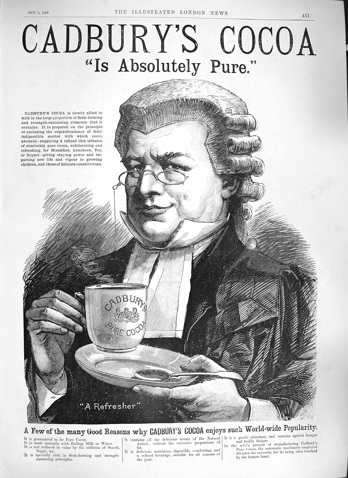 Antique Old Print *3844 1889 Advertisement Cadbury'S Cocoa Drinking Chocolate