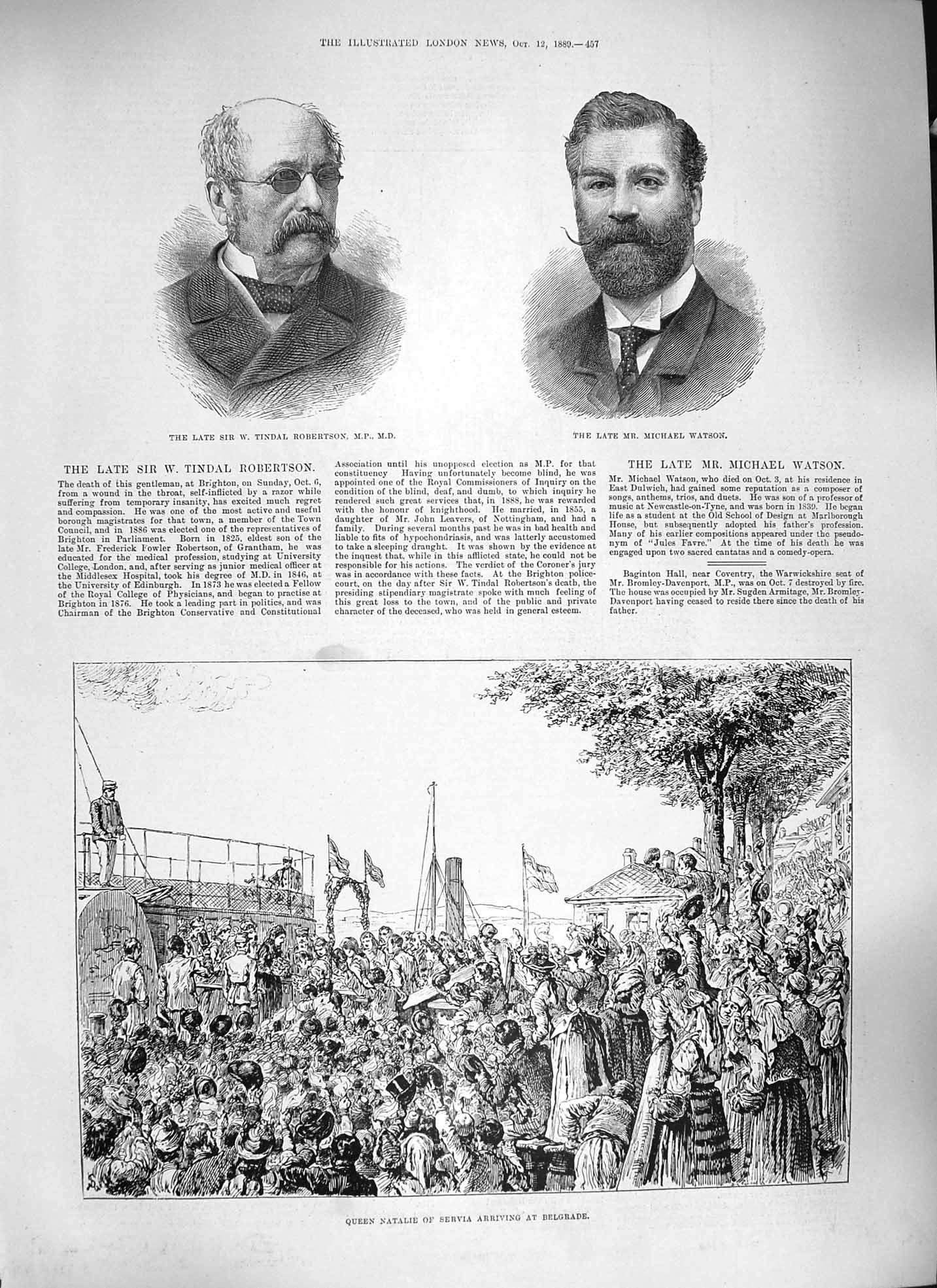 Original Old Antique Print 1889 Queen Natalie Servia Belgrade Robertson Watson