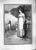 Original Old Antique Print Knowles 1889 Autumn Days Young Woman Lake Victorian