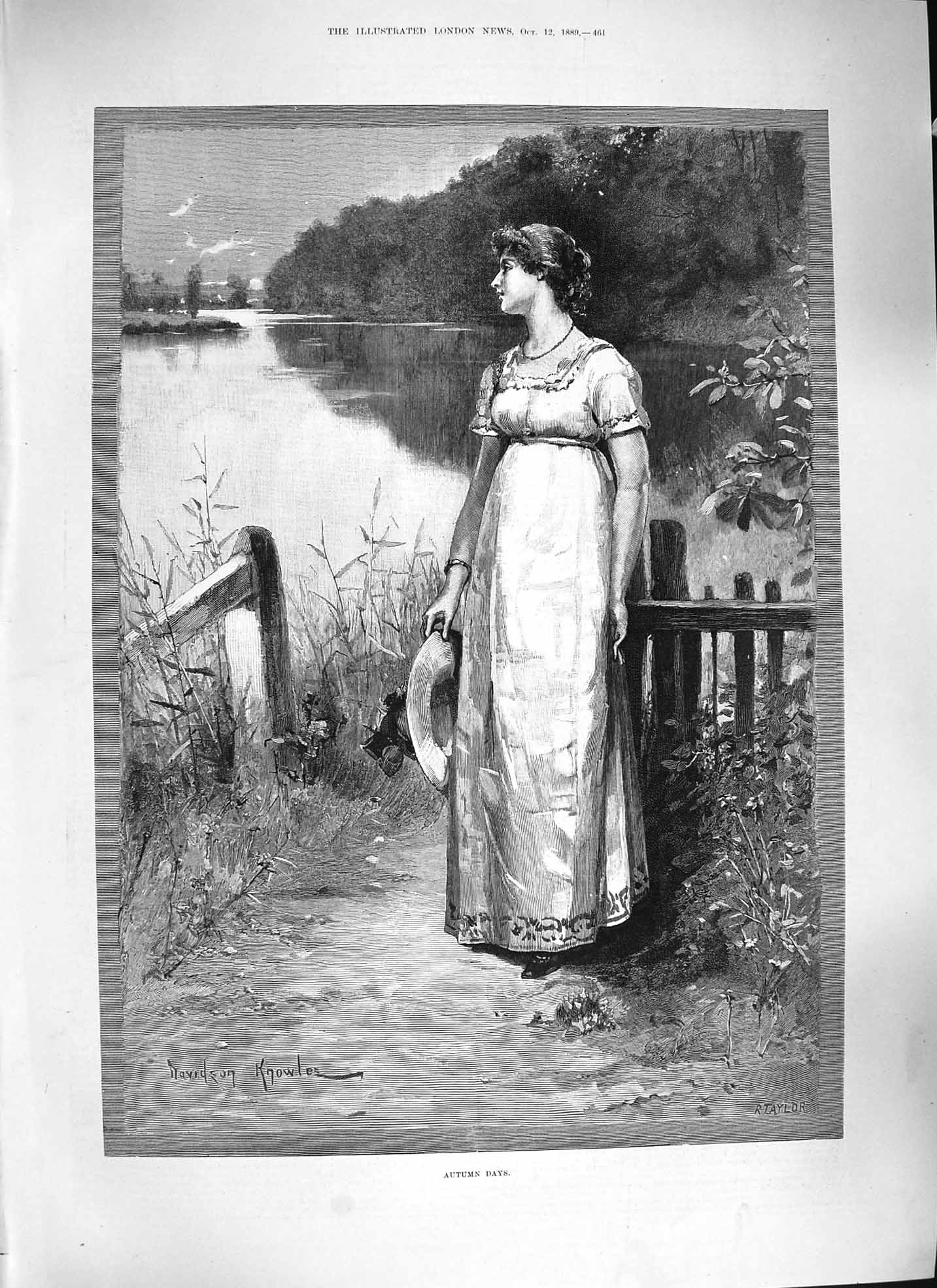 Original Old Antique Print Knowles 1889 Autumn Days Young Woman Lake Victorian