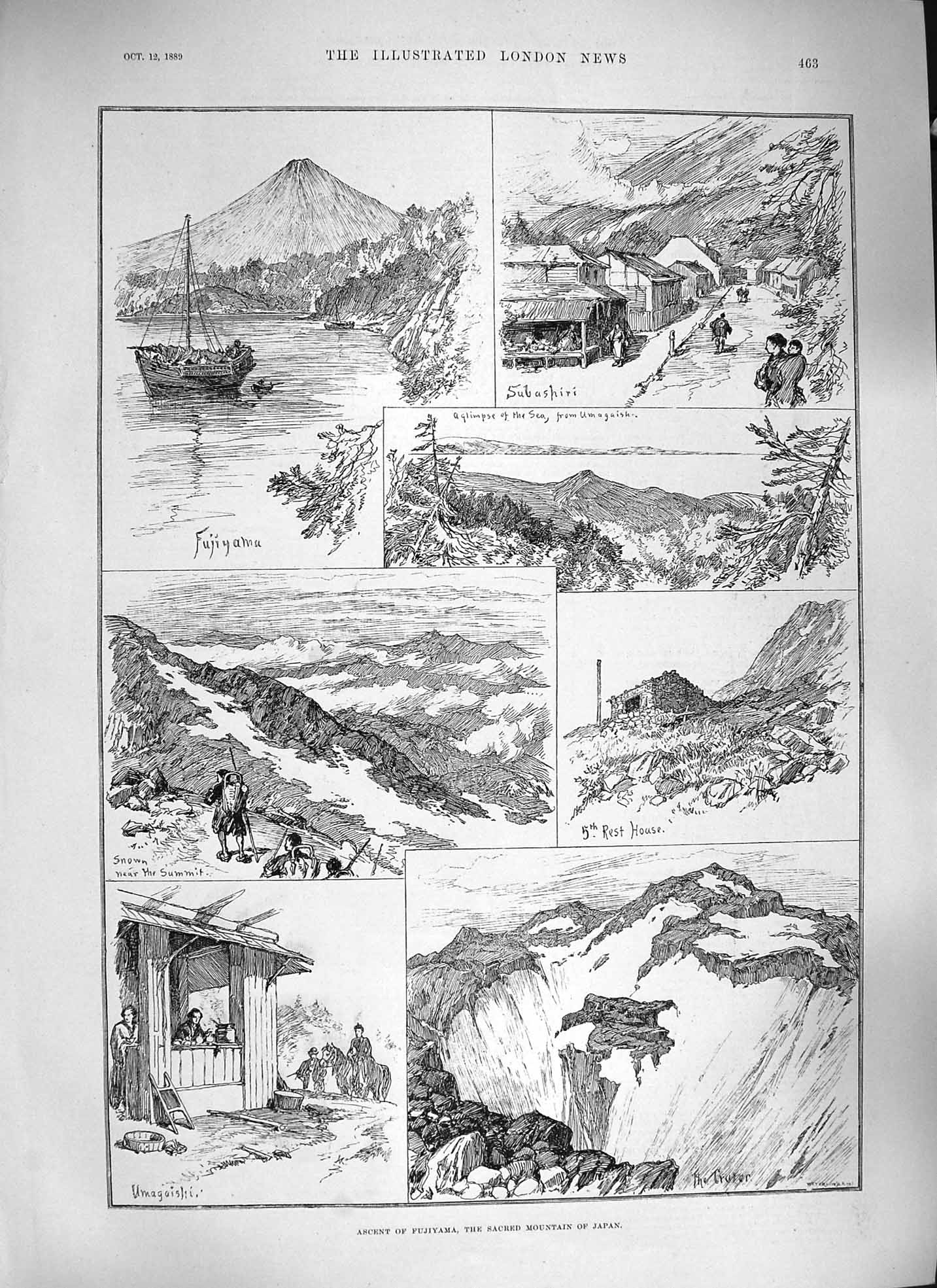 Old Antique Print 1889 Fujiyama Sacred Mountain Climbing Japan Rest House 19th
