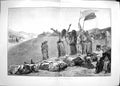 Original Old Antique Print 1889 Cry Vengeance Native Warriors Dead Bodies 19th
