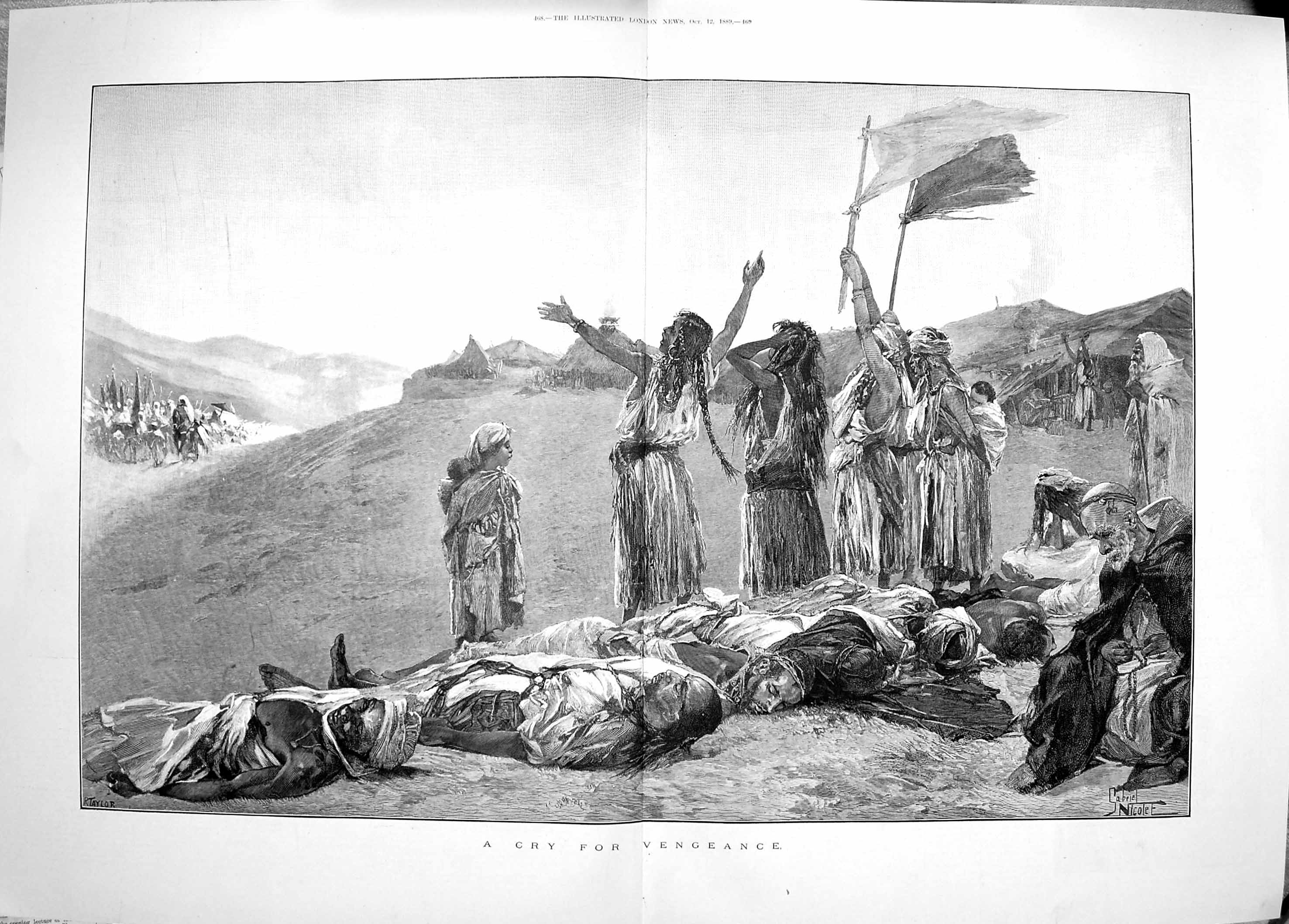 Original Old Antique Print 1889 Cry Vengeance Native Warriors Dead Bodies 19th