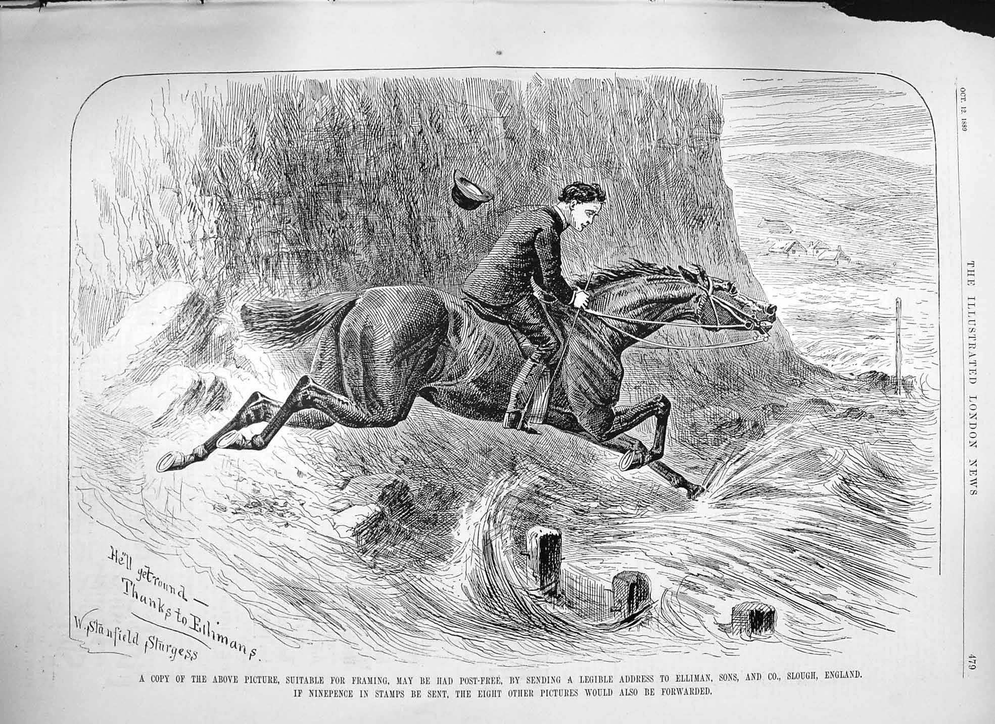 Old Antique Print 1889 Advertisement Ellimans Embrocation Horse Man Sea 19th