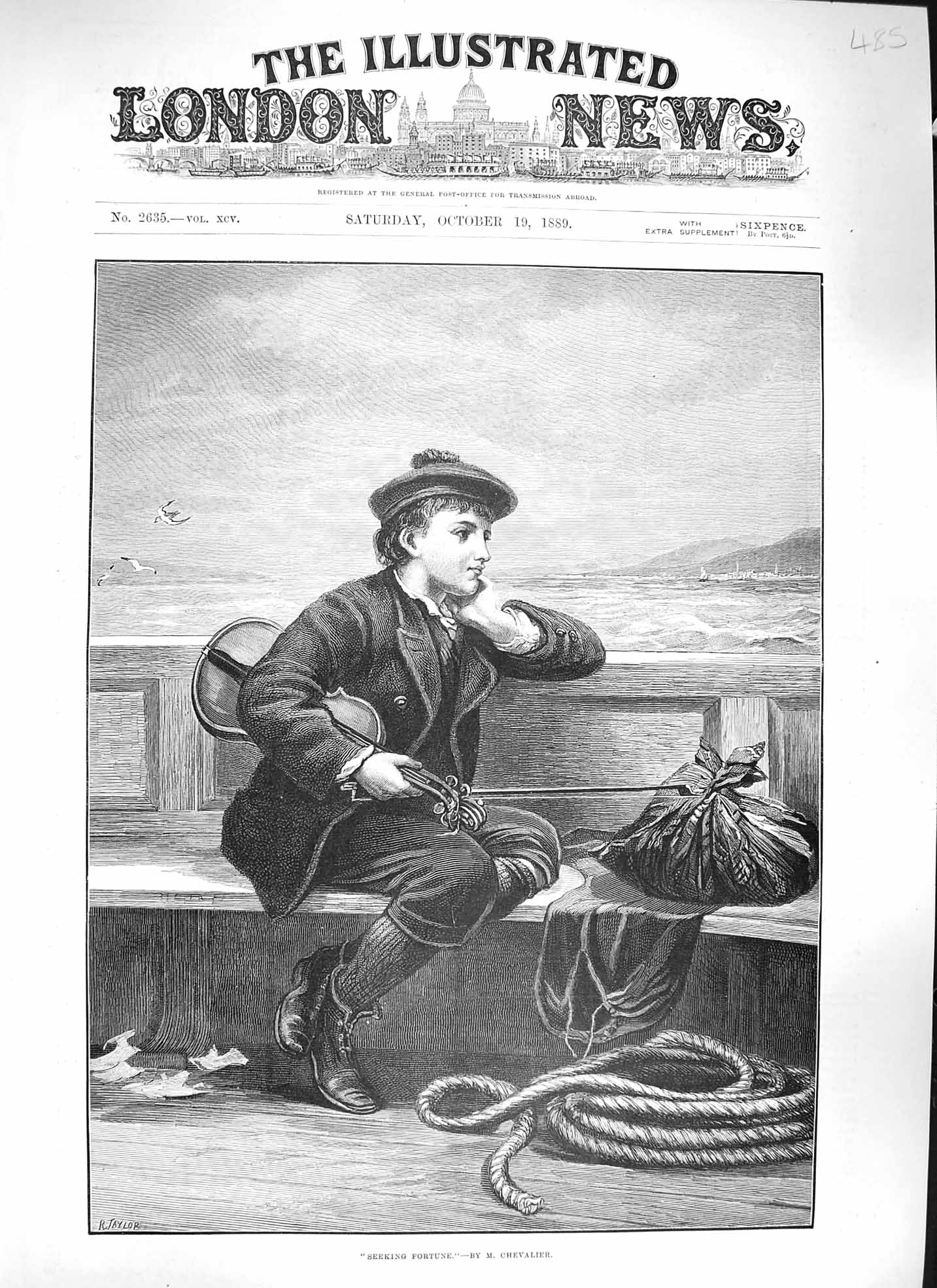Original Old Antique Print Chevalier 1889 Seeking Fortune Young Boy Ship Violin
