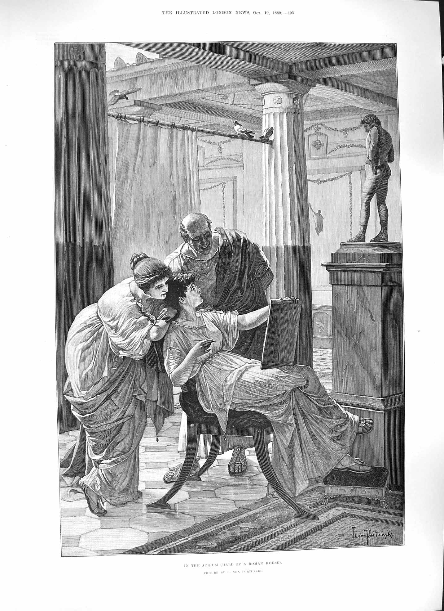 Original Old Antique Print 1889 Scene Atrium Hall Roman House Ladies Art 19th