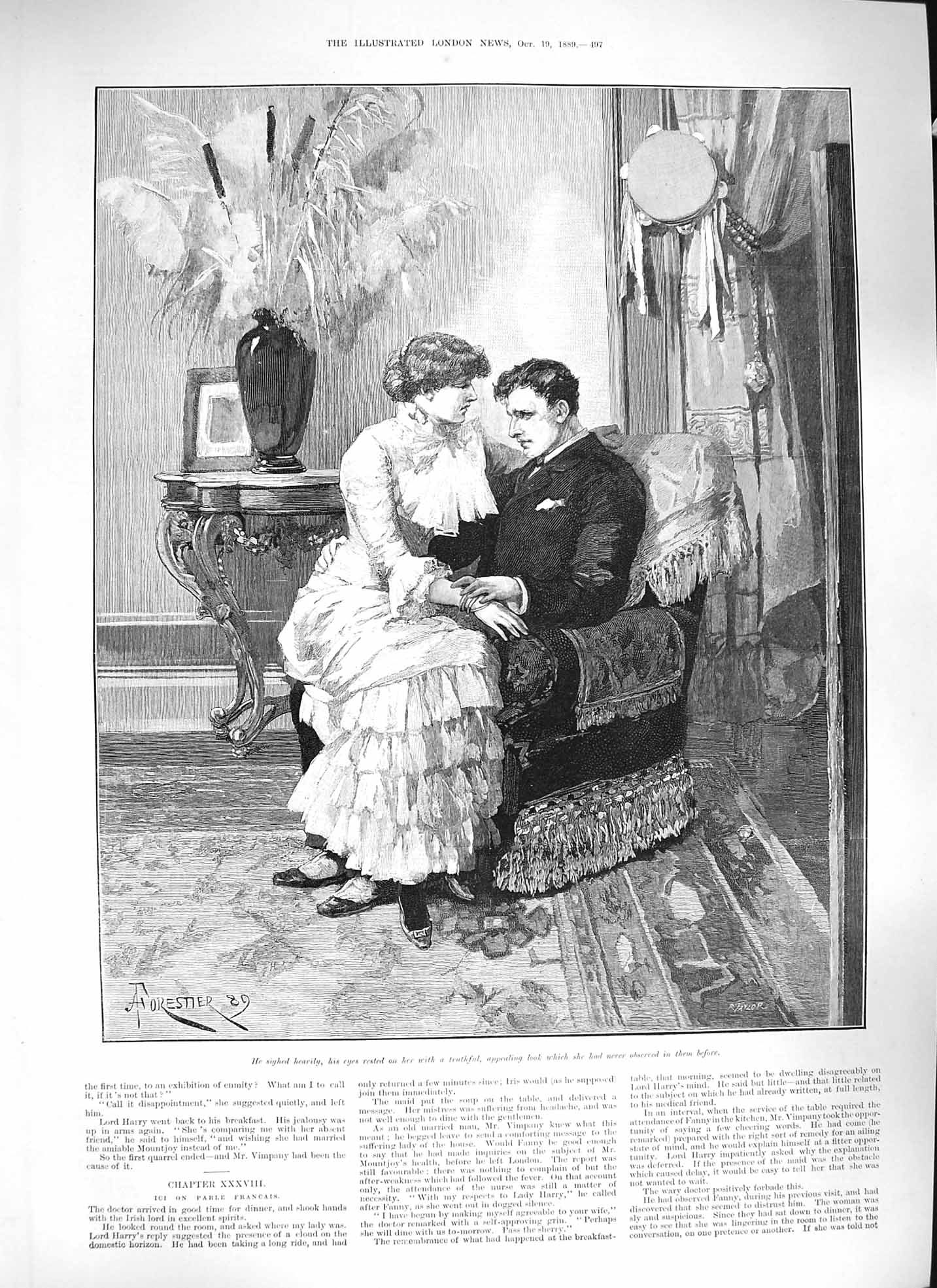 Original Old Antique Print Forestier 1889 Man Lady Romance Sitting Chair 19th