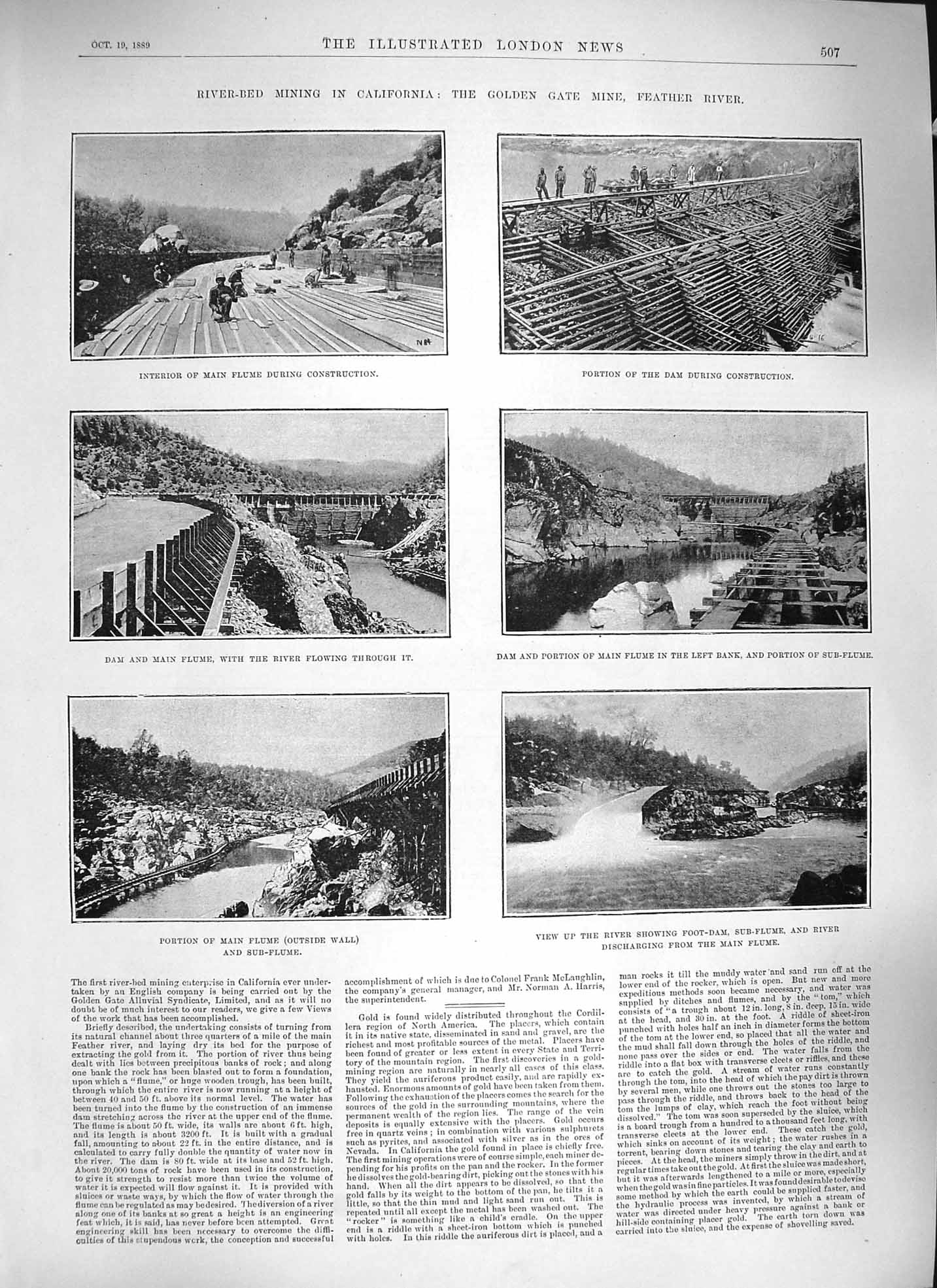 Original Old Antique Print 1889 River-Bed Mining California Gen Gate Mine Flume