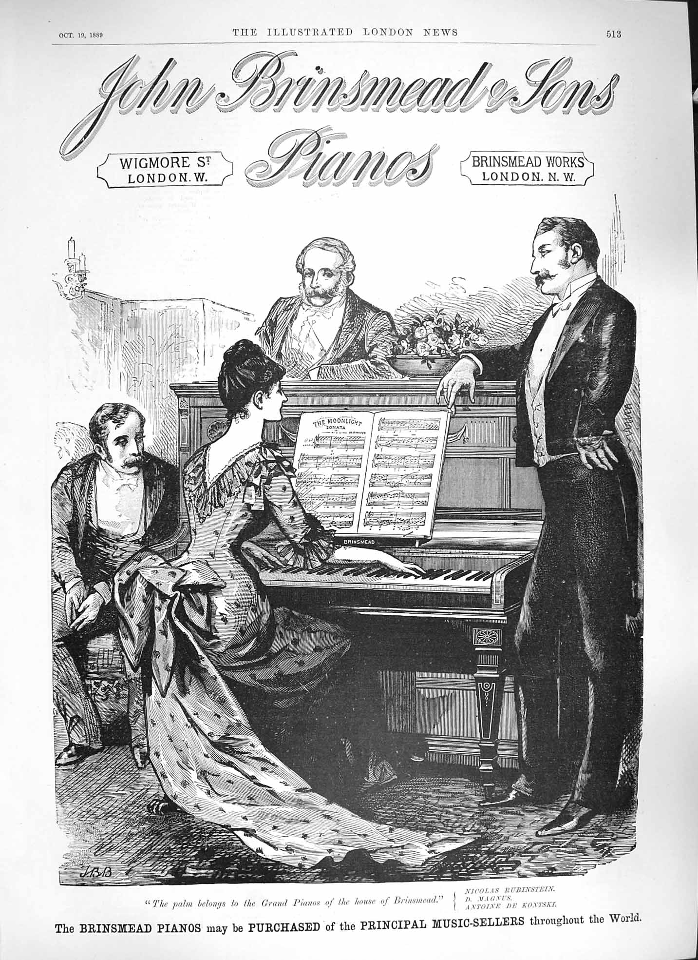 Old Antique Print 1889 Advertisement John Brinsmead Pianos Wigmore London 19th