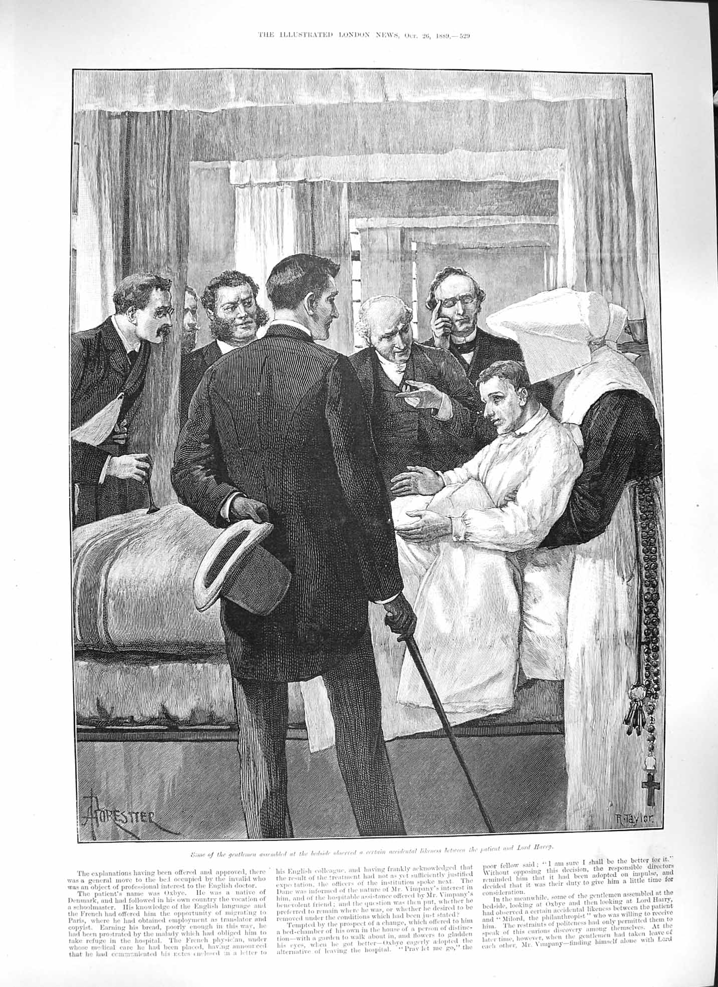 Original Old Antique Print 1889 Lord Harry Sick Bed Nurse Doctor 19th
