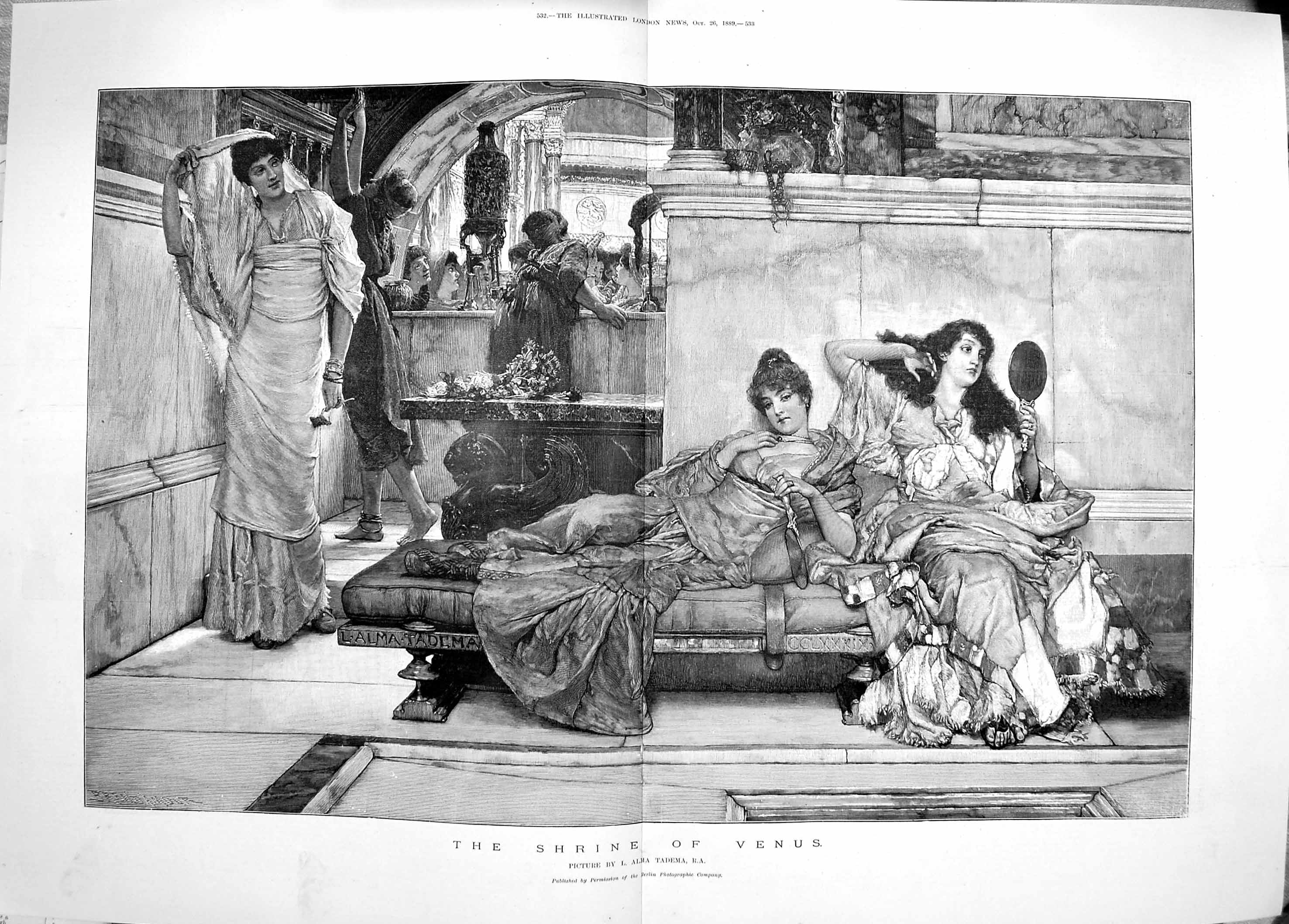Original Old Antique Print 1889 Shrine Venus Beautiful Ladies Alma Tadema 19th
