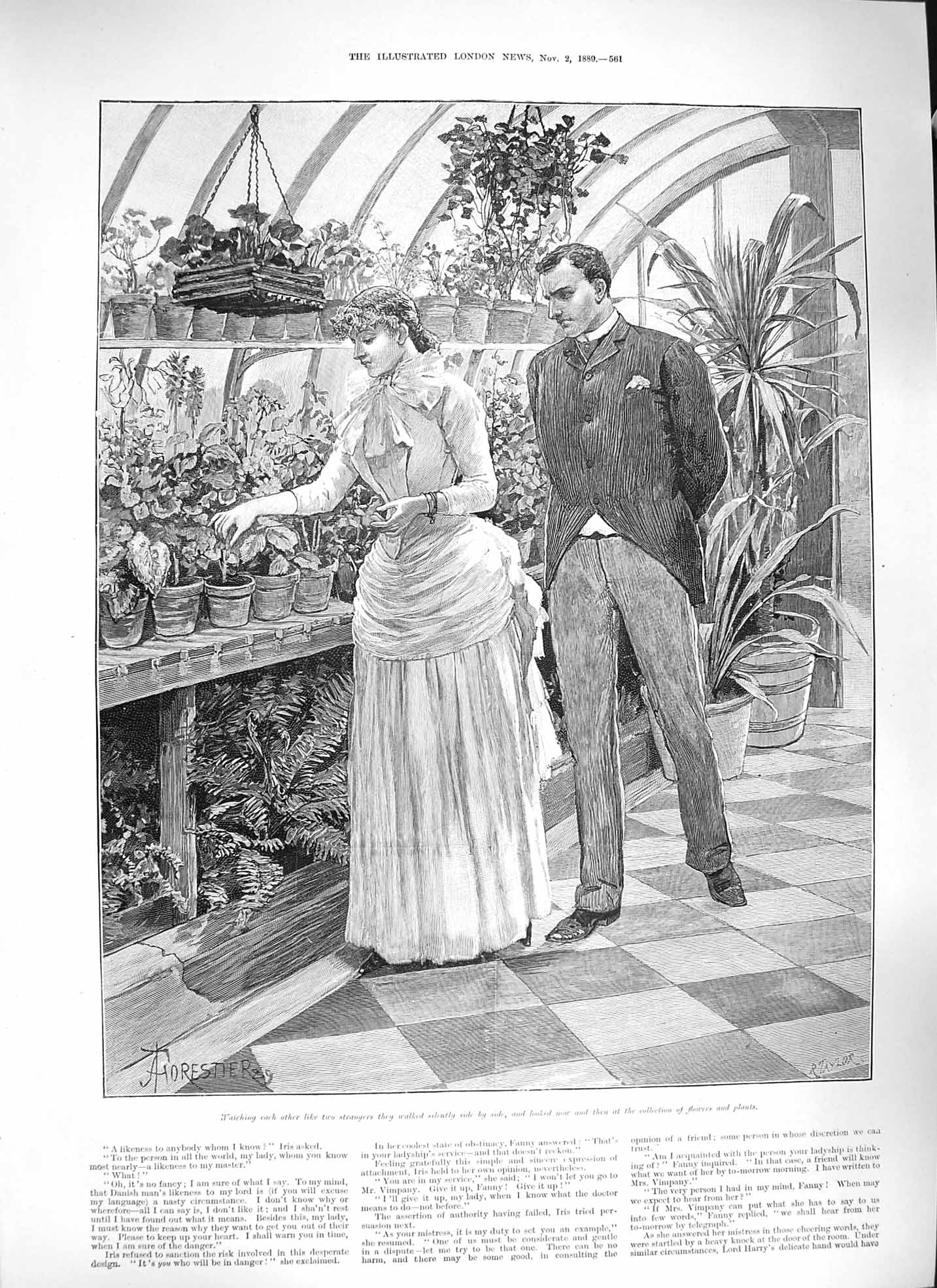 Original Old Antique Print 1889 Lady Man Romance Greenhouse Flowers Plants 19th
