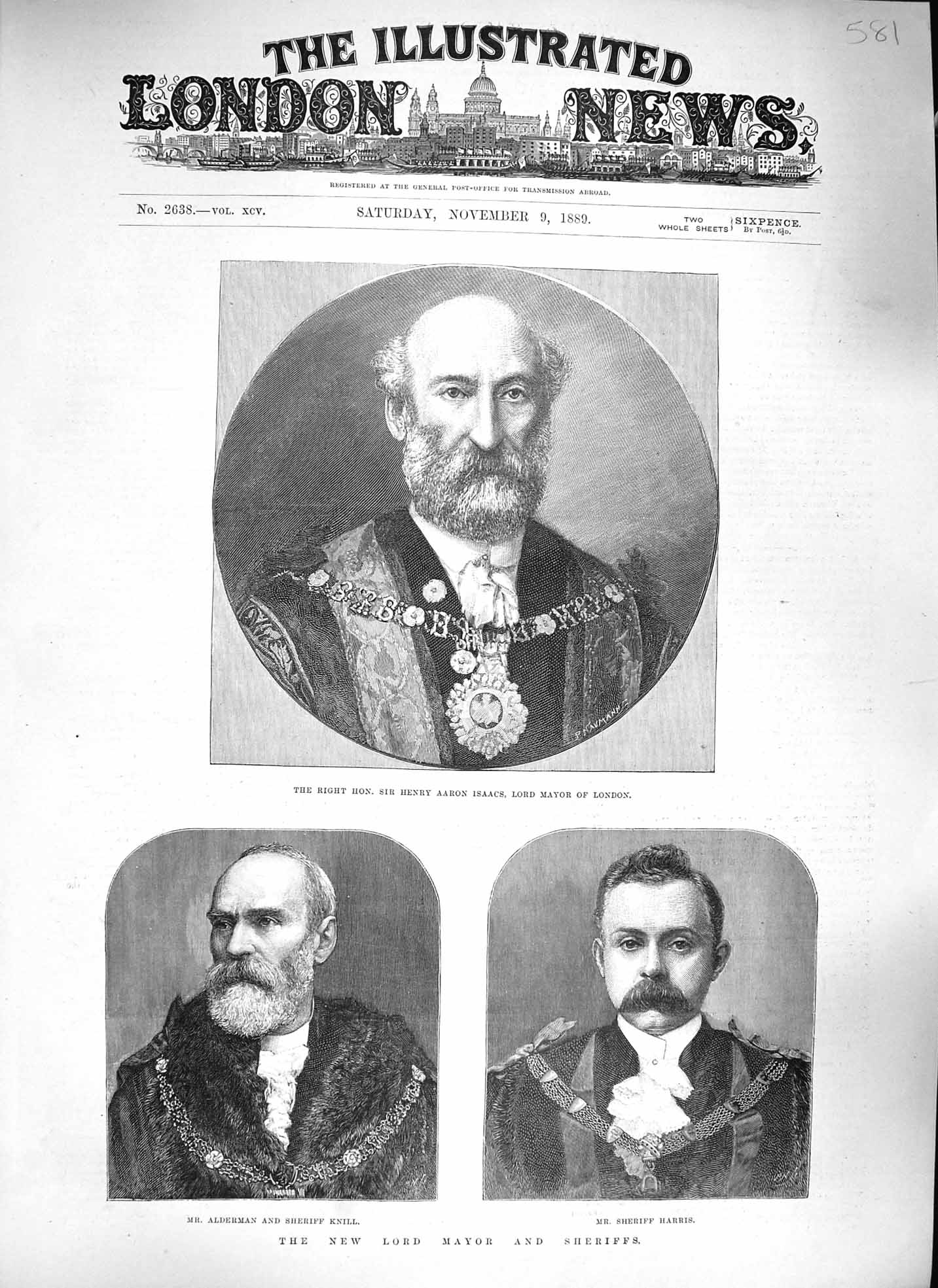 Original Old Antique Print 1889 Henry Isaacs Mayor London Knill Sheriff Harris