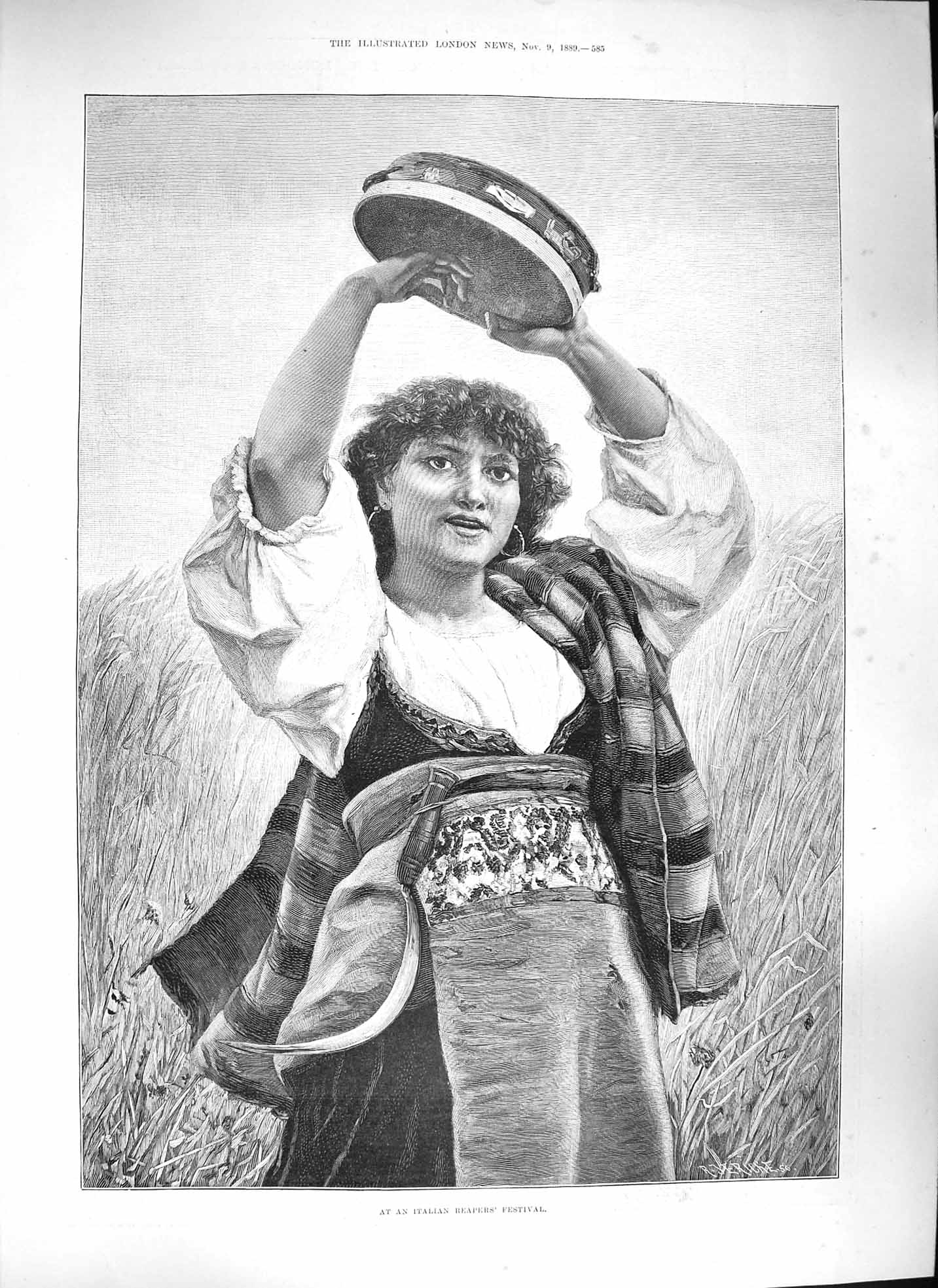 Original Old Antique Print 1889 Girl Italian Reapers Festival Seal John London