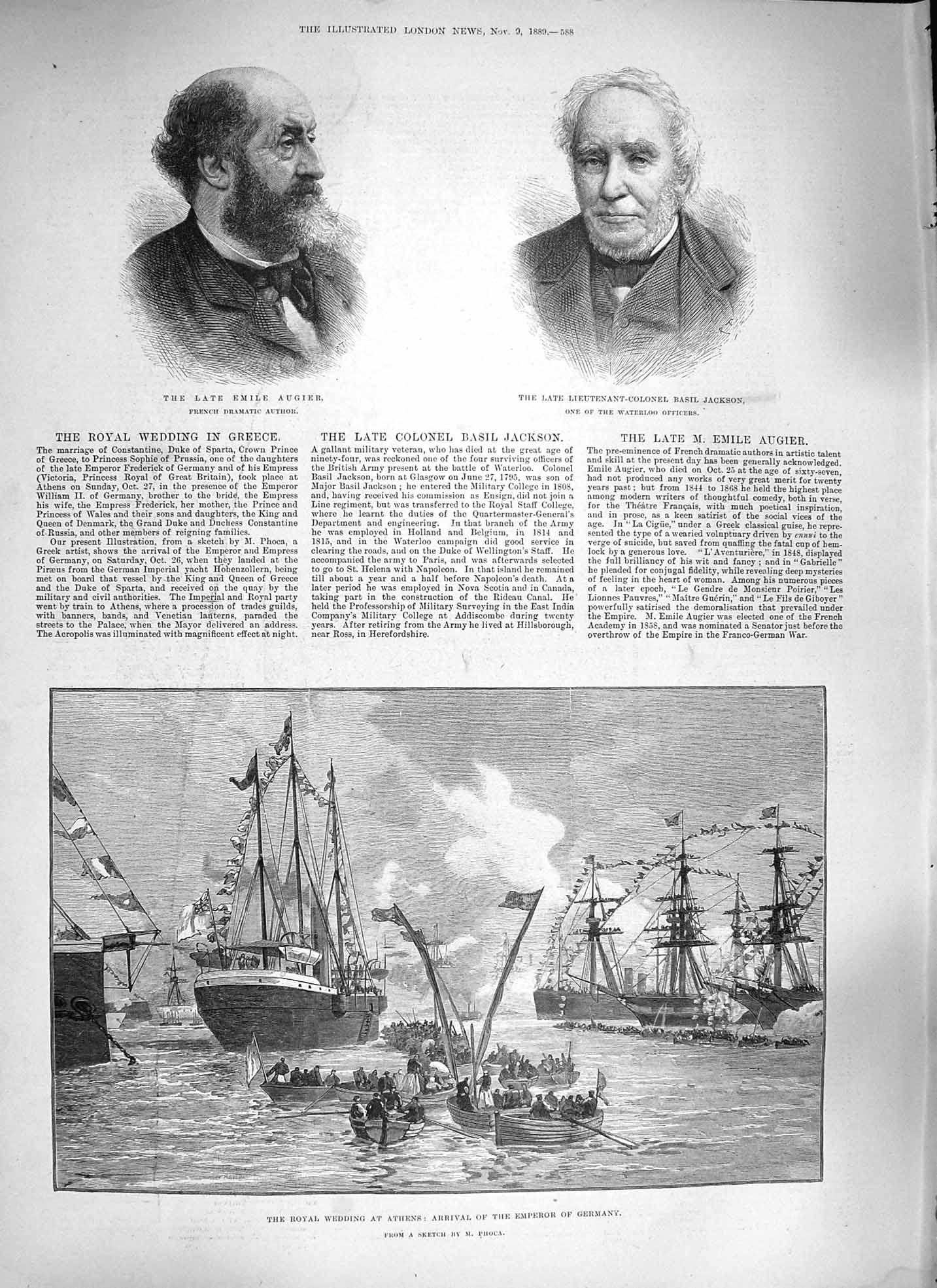 Original Old Antique Print 1889 Royal Wedding Athens Ships Augier Basil Jackson