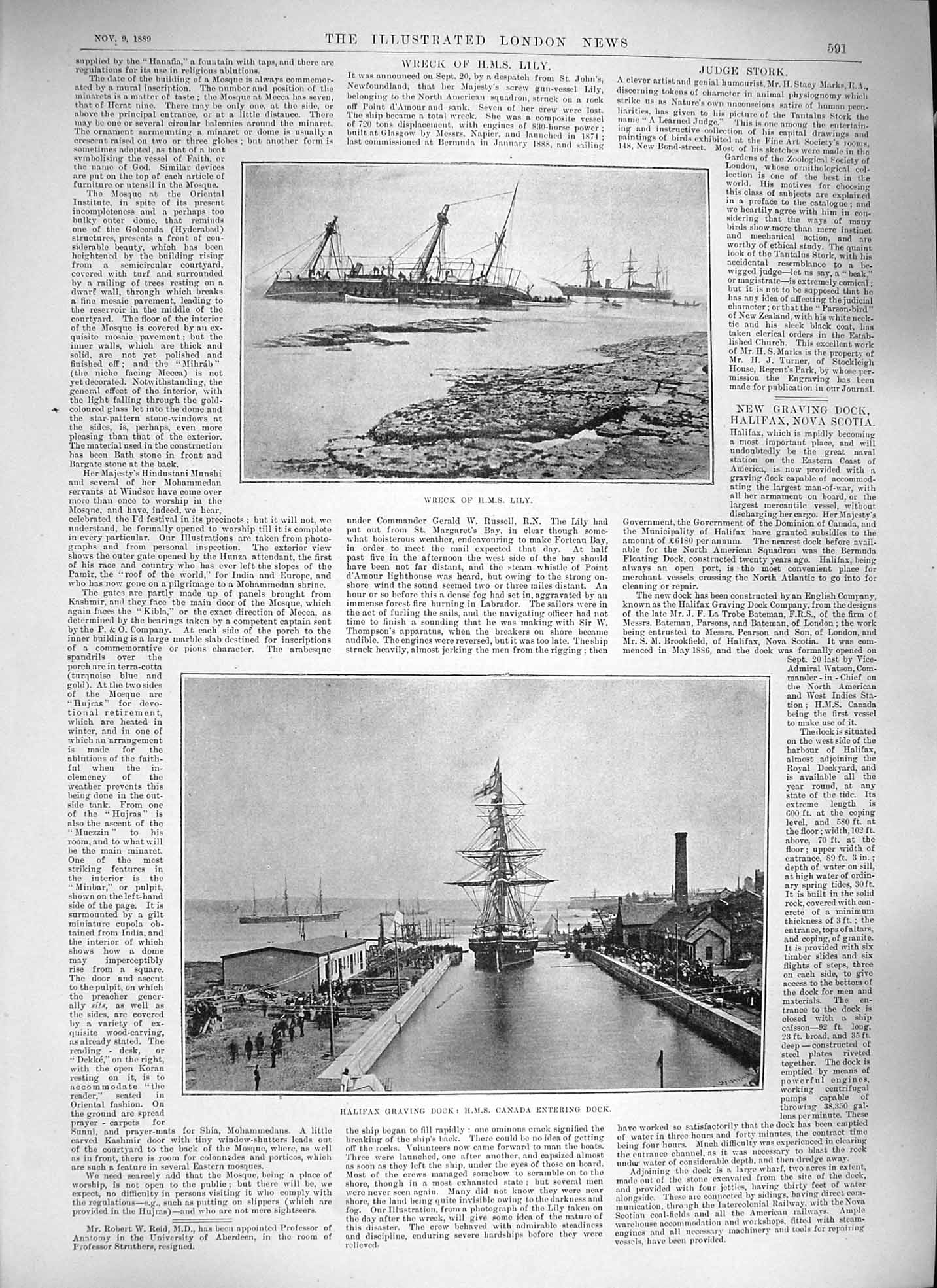 Old Antique Print 1889 Ship Wreck H.M.S. Lily Halifax Graving Dock Canada 19th