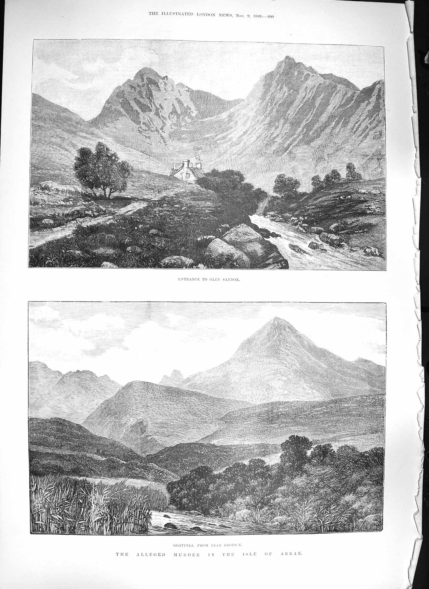 Original Old Antique Print 1889 Sannox Murder Isle Arran Goatfell Brodi 19th
