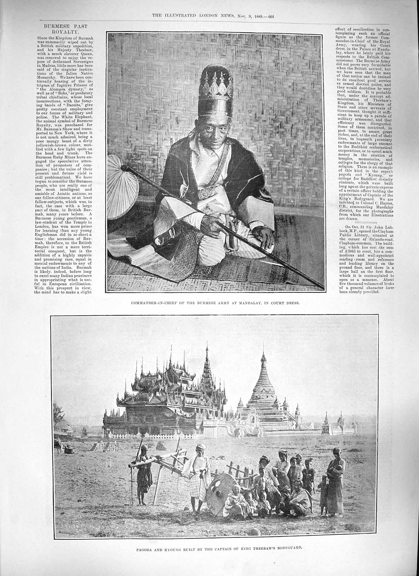 Original Old Antique Print 1889 Commander-In-Chief Burmese Army Pagoda Theebaw
