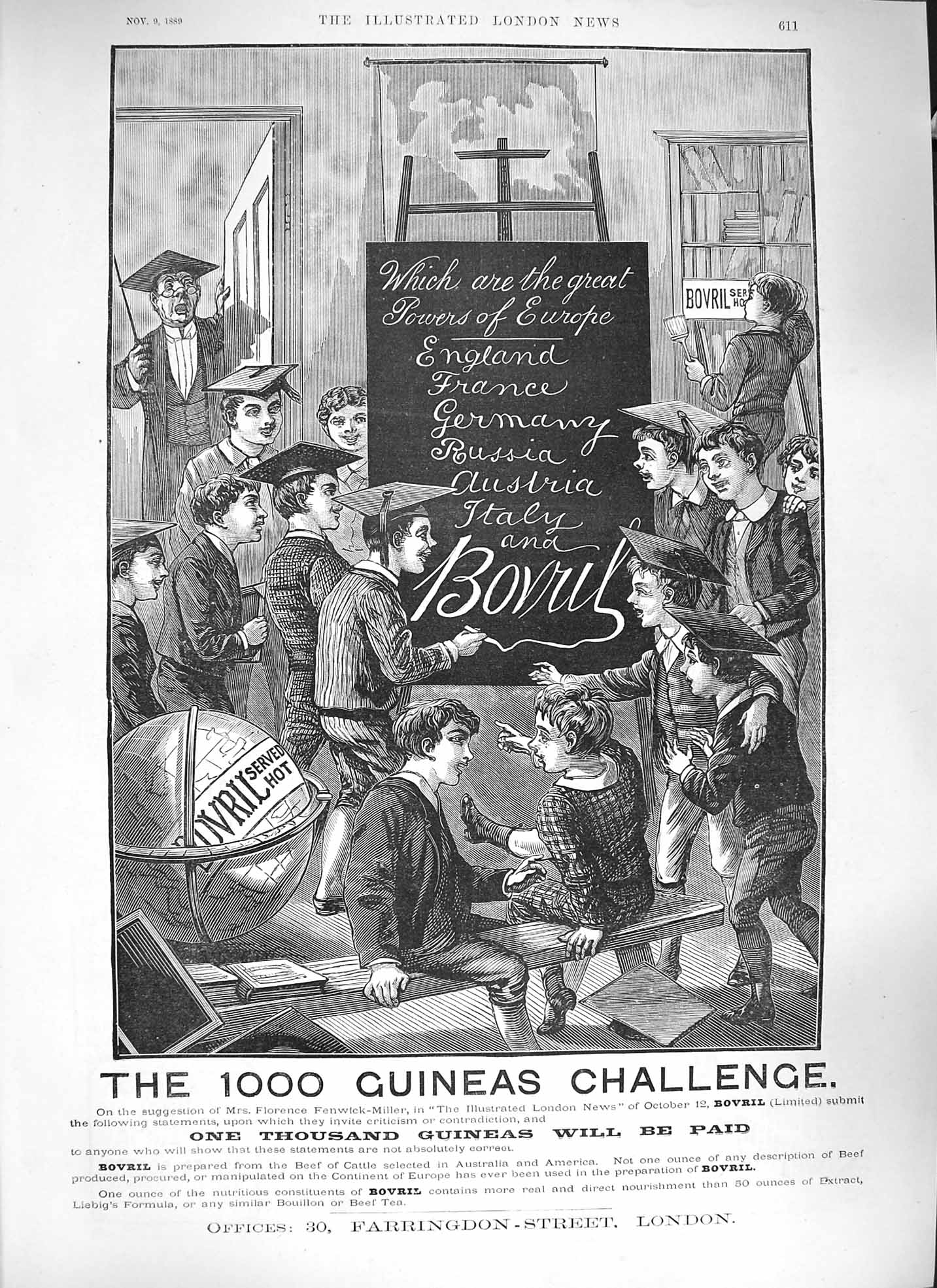 Original Old Antique Print 1889 Advertisement Bovril School Children London