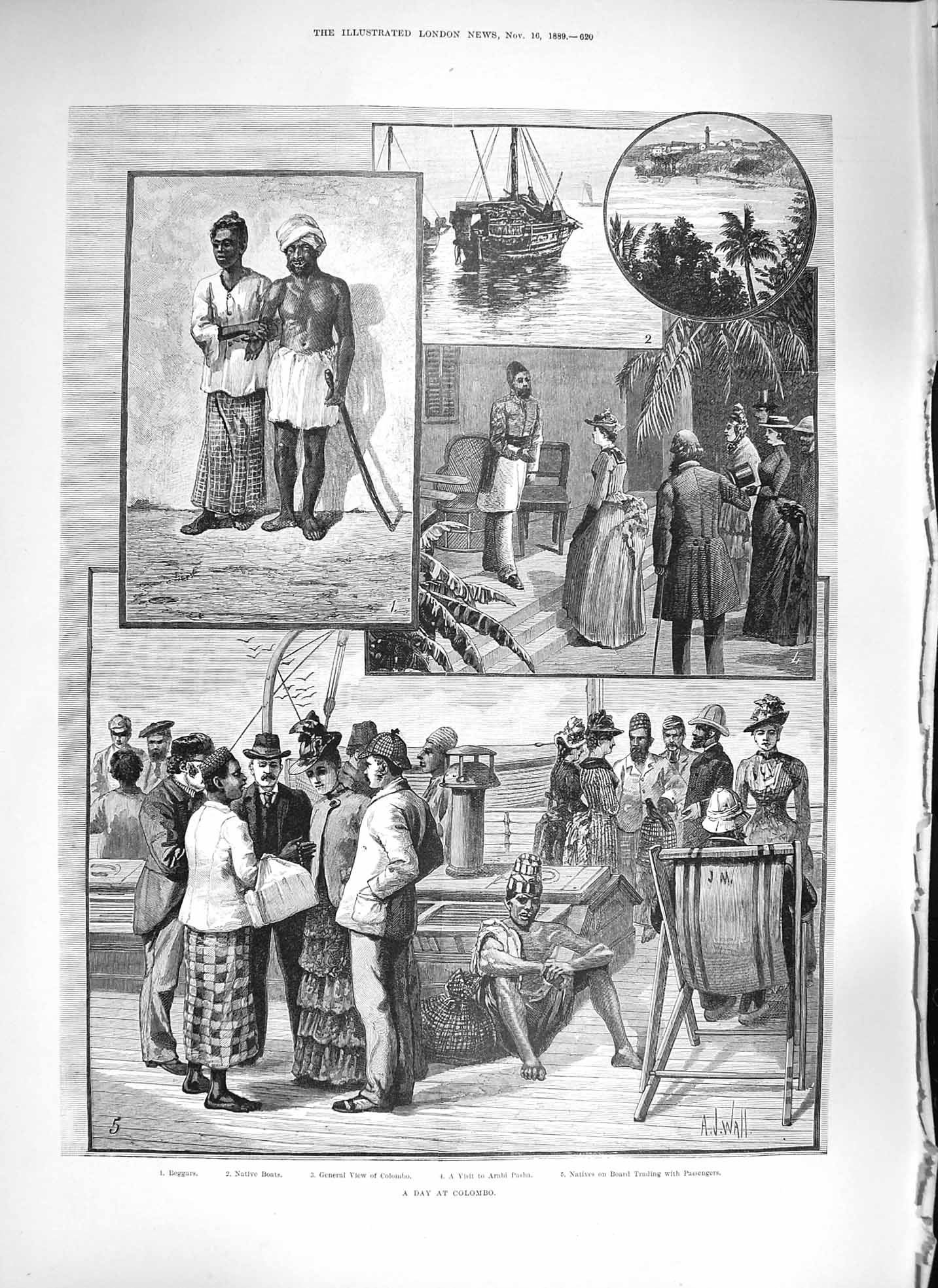Old Antique Print 1889 Colombo Beggars Native Boats Arabi Pasha Trading 19th