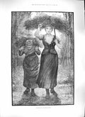 Original Old Antique Print Blind 1889 Winter Fuel Ladies Carrying Sticks 19th