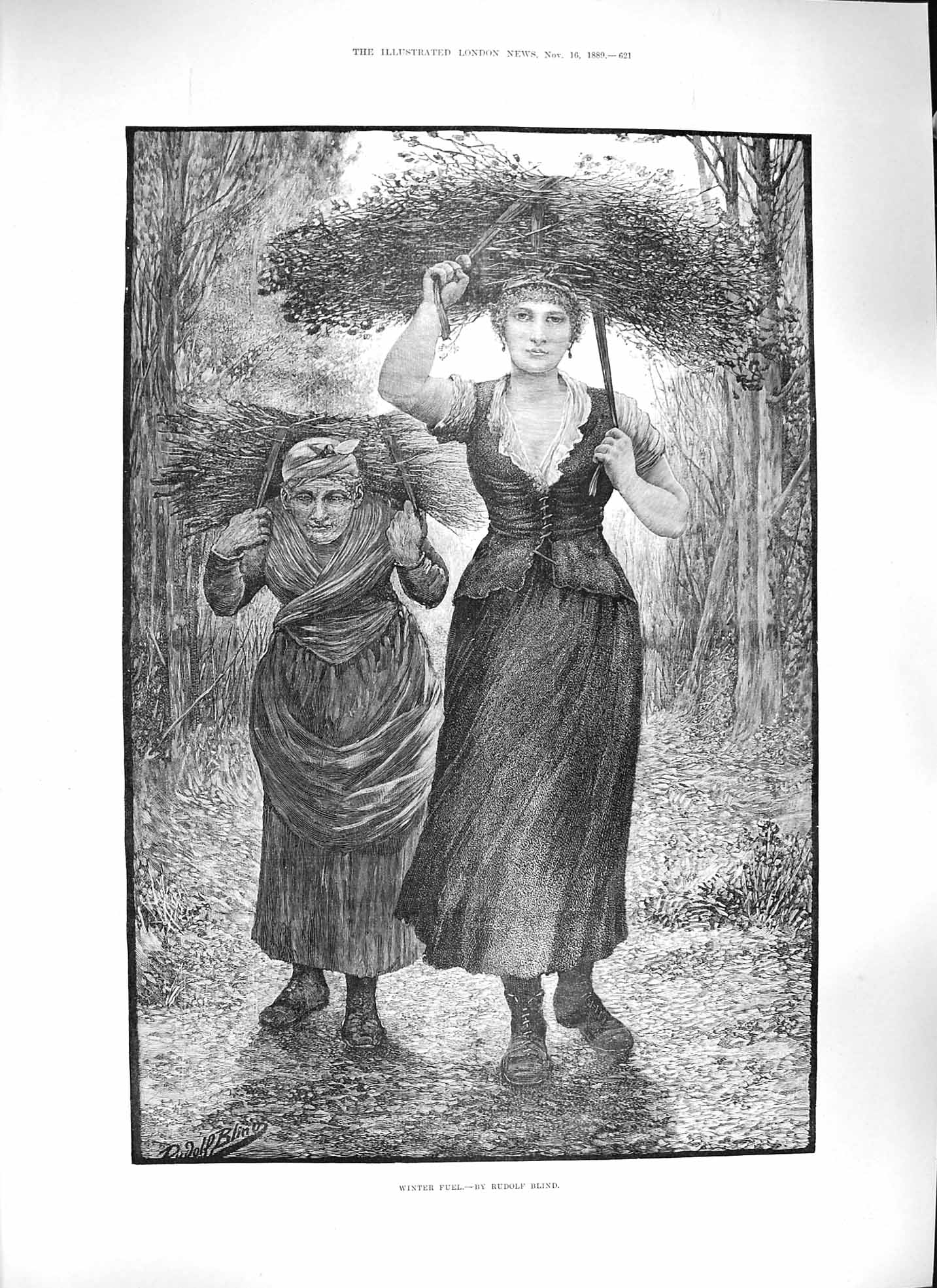 Original Old Antique Print Blind 1889 Winter Fuel Ladies Carrying Sticks 19th
