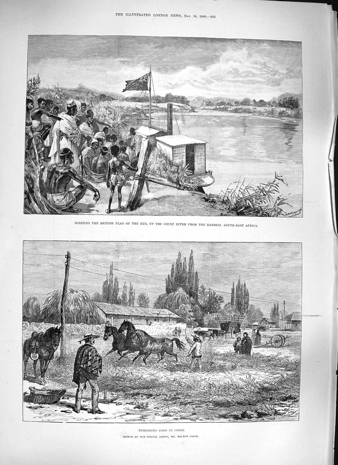 Original Old Antique Print 1889 Threshing Corn Chile British Flag Shire Africa