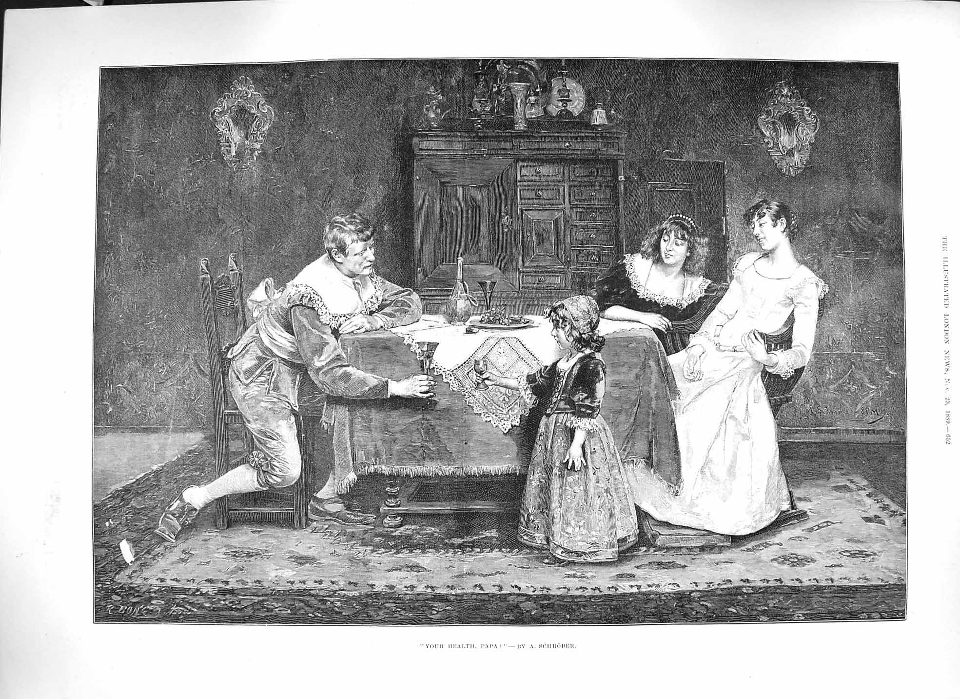 Original Old Antique Print Schroder 1889 Your Health Papa Children Family 19th