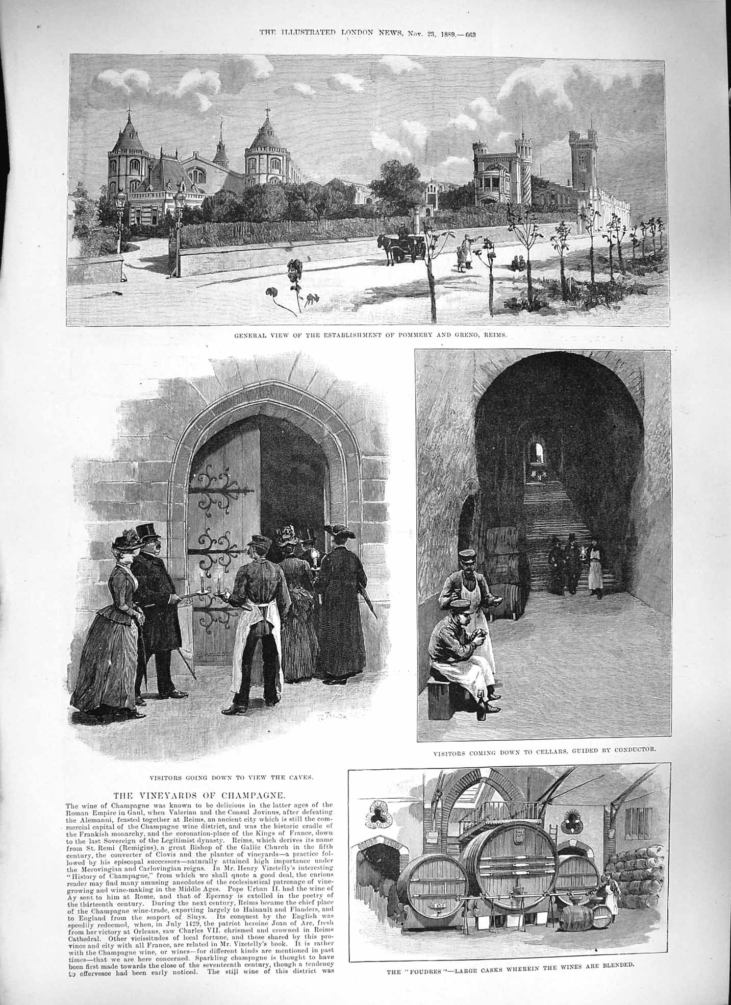 Original Old Antique Print 1889 Vineyards Champagne Pommery Reims Crayere Caves