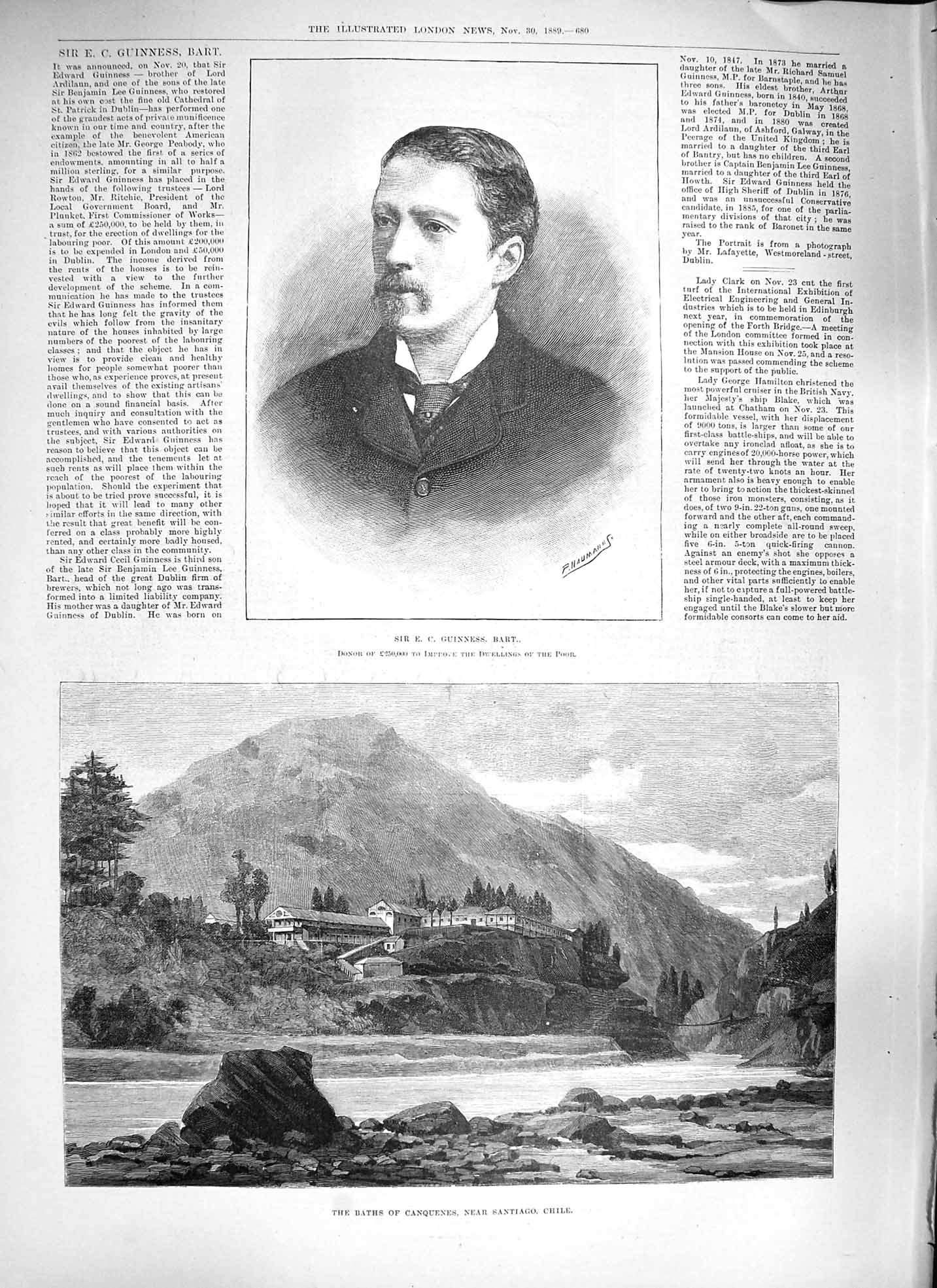 Original Old Antique Print 1889 Sir Guinness Baths Canquenes Santiago Chile