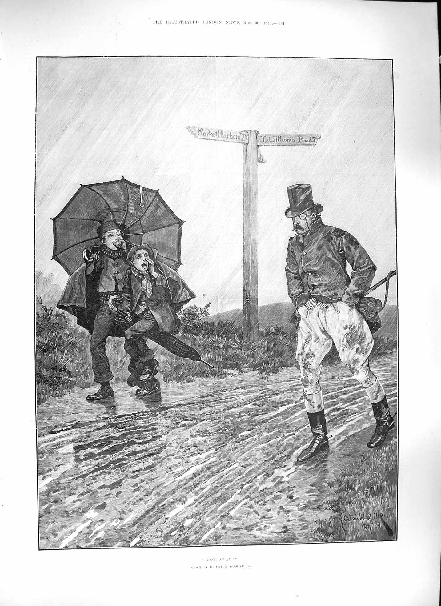 Original Old Antique Print Woodville 1889 Gone Away Children Umbrella Man 19th