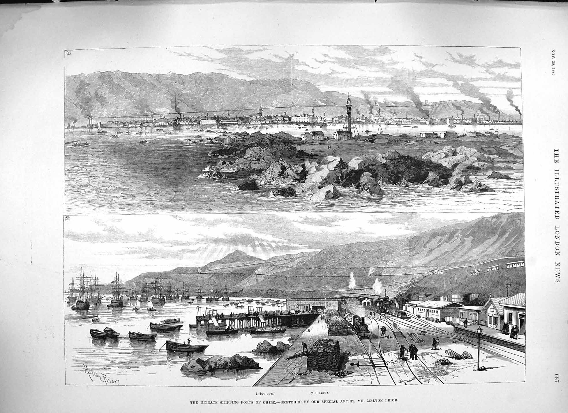 Original Old Antique Print Prior 1889 Nitrate Shipping Chile Iquique Pisagu 19th