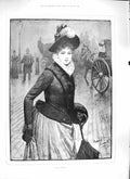Original Old Antique Print Cowell 1889 Foggy Morning Lady Umbrella Police Man