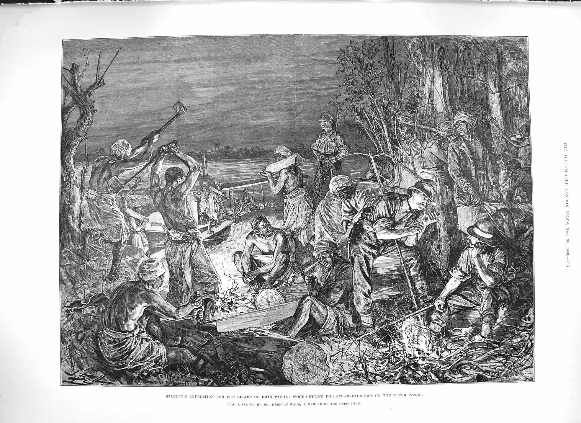 Old Antique Print 1889 Wood-Cutting Congo Stanley Expedition Emin Pasha 19th