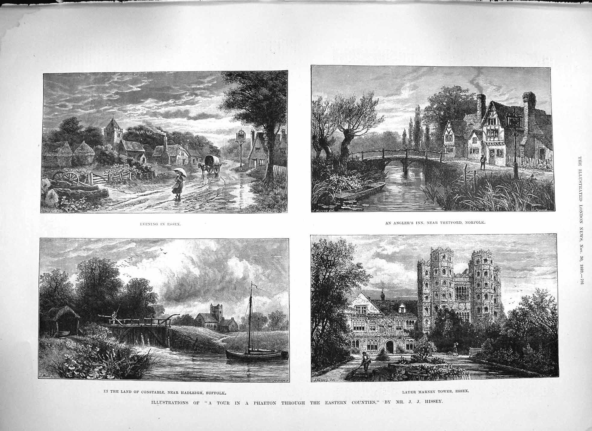 Old Antique Print 1889 Angler'S Inn Norfolk Layer Tower Essex Constable 19th
