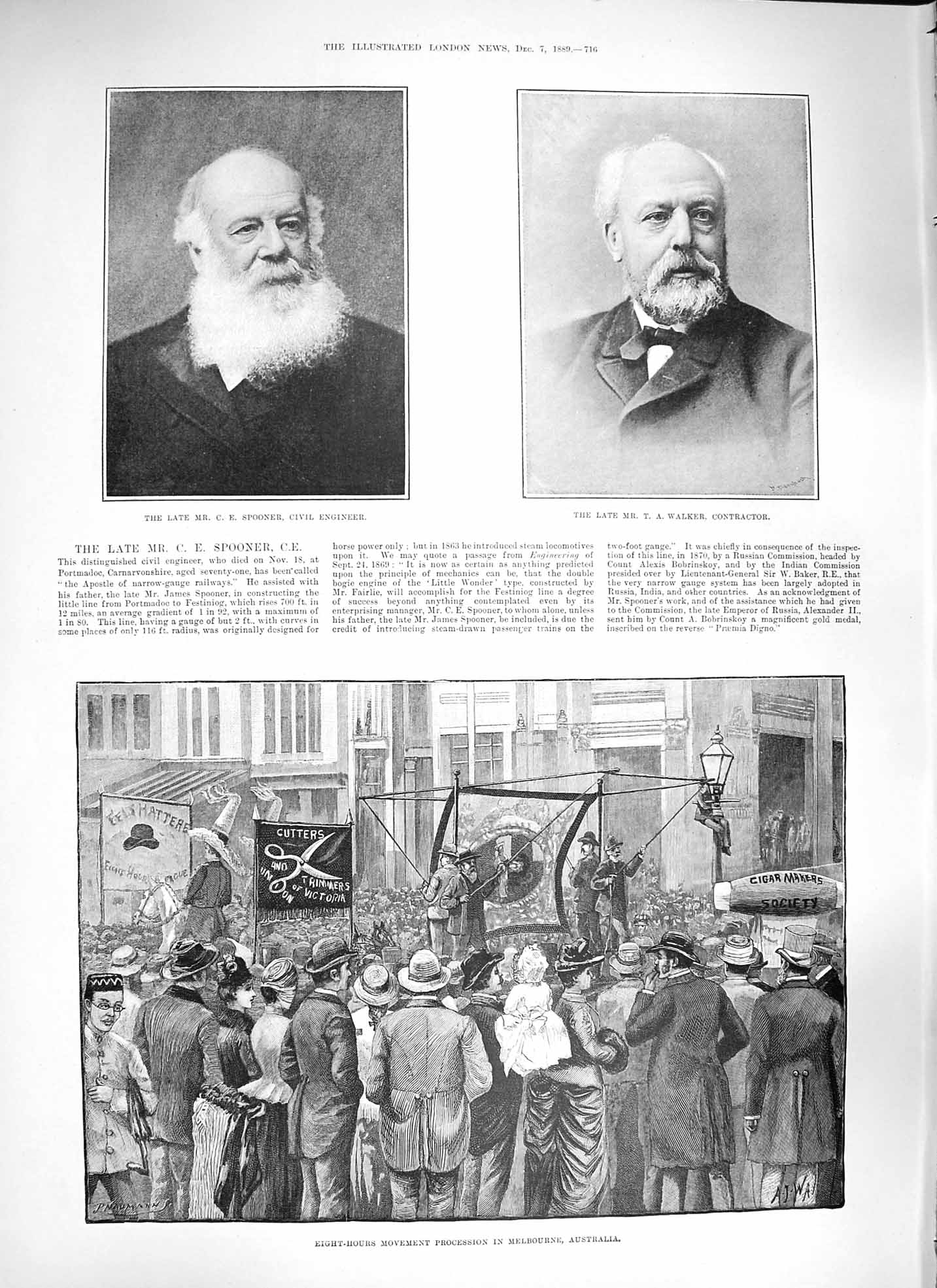 Original Old Antique Print 1889 Spooner Engineer Walker Melbourne Australia