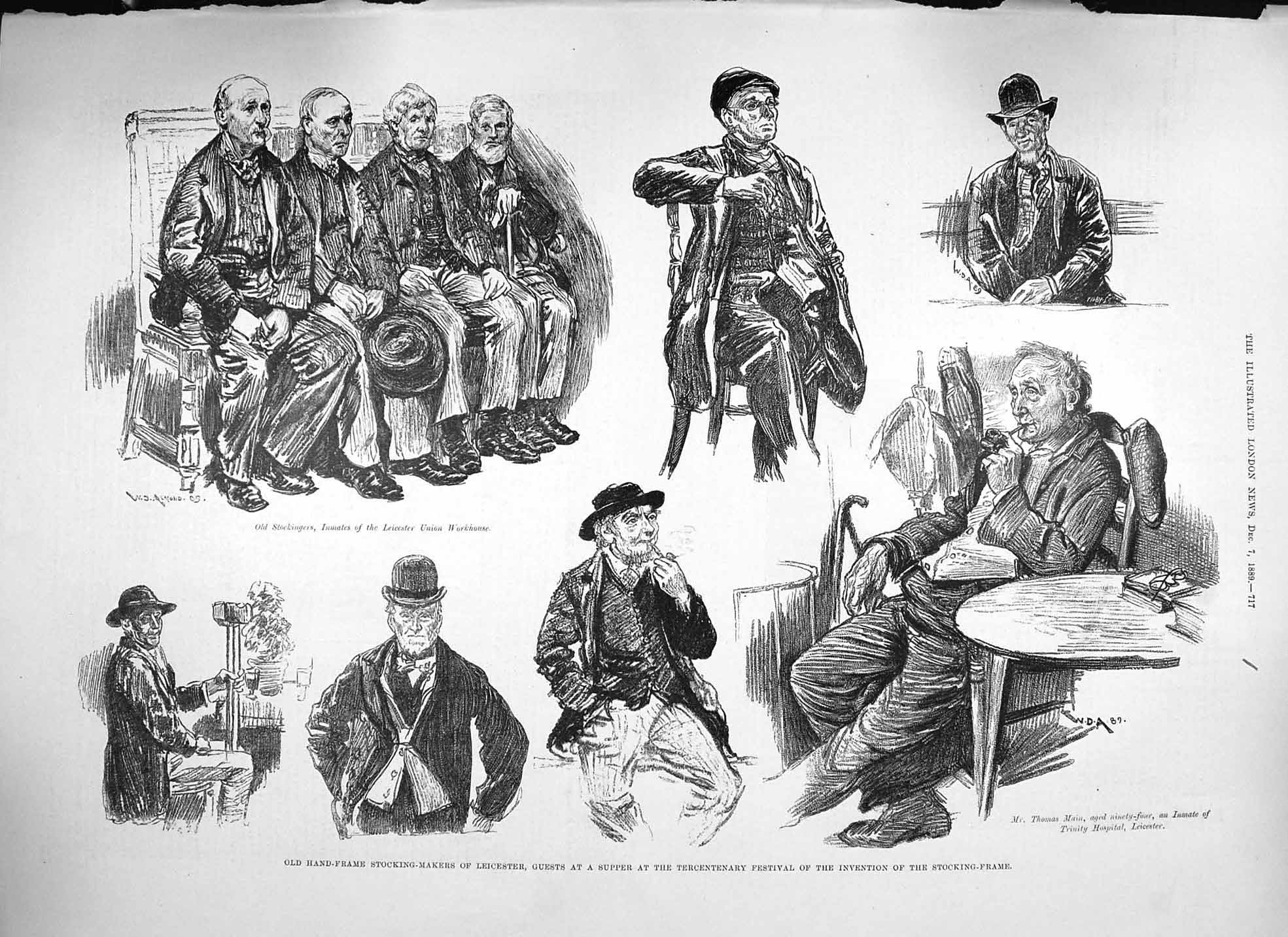 Original Old Antique Print 1889 Hand-Frame Stocking Makers Leicester Festival