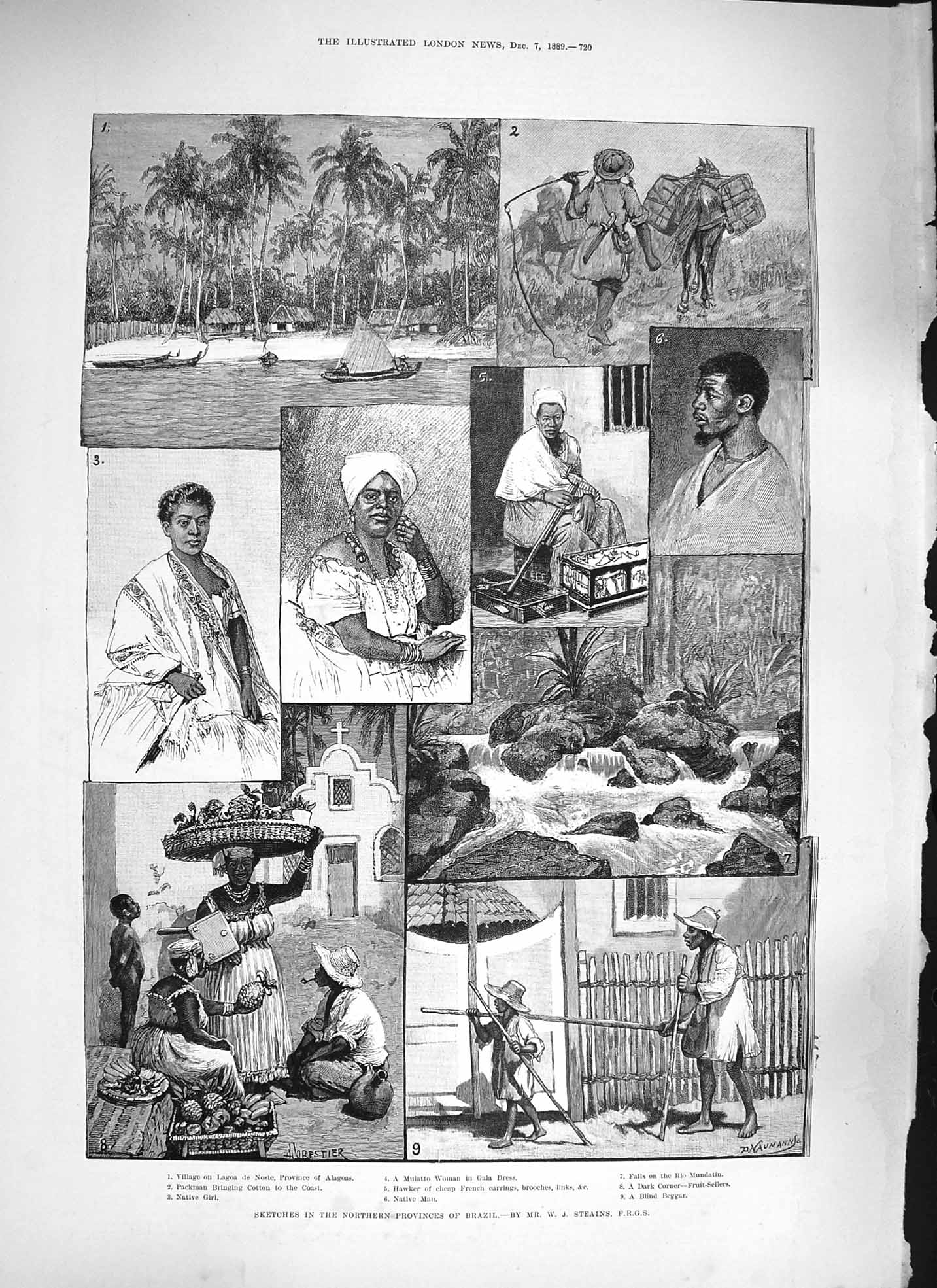 Old Antique Print 1889 Brazil Lagoa Noste Alagoas Mulatto Hawker Beggar 19th