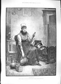 Original Old Antique Print Young 1889 Divided Duties Mother Baby Crib Bed-Pan