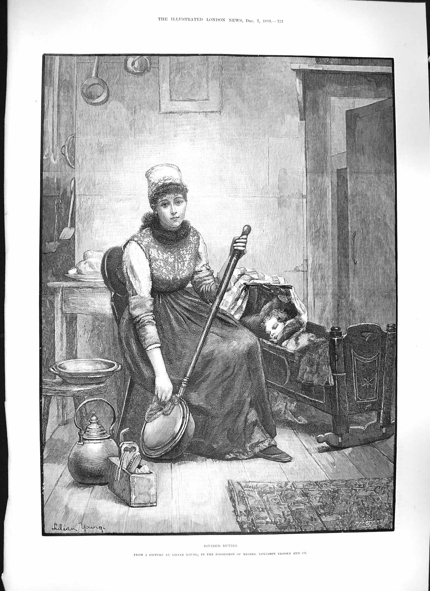 Original Old Antique Print Young 1889 Divided Duties Mother Baby Crib Bed-Pan