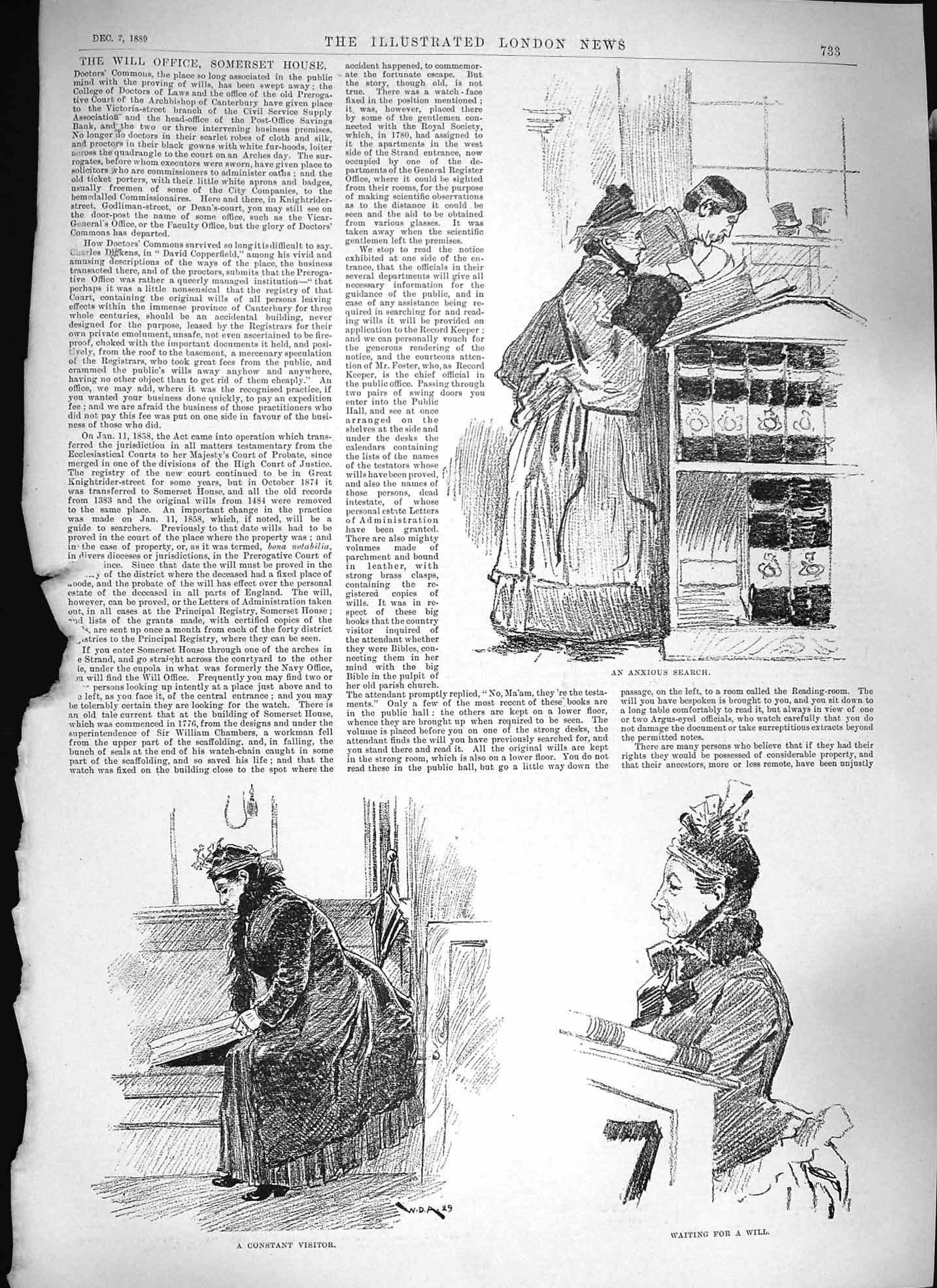 Original Old Antique Print 1889 Will Office Somerset House Country Ladies 19th