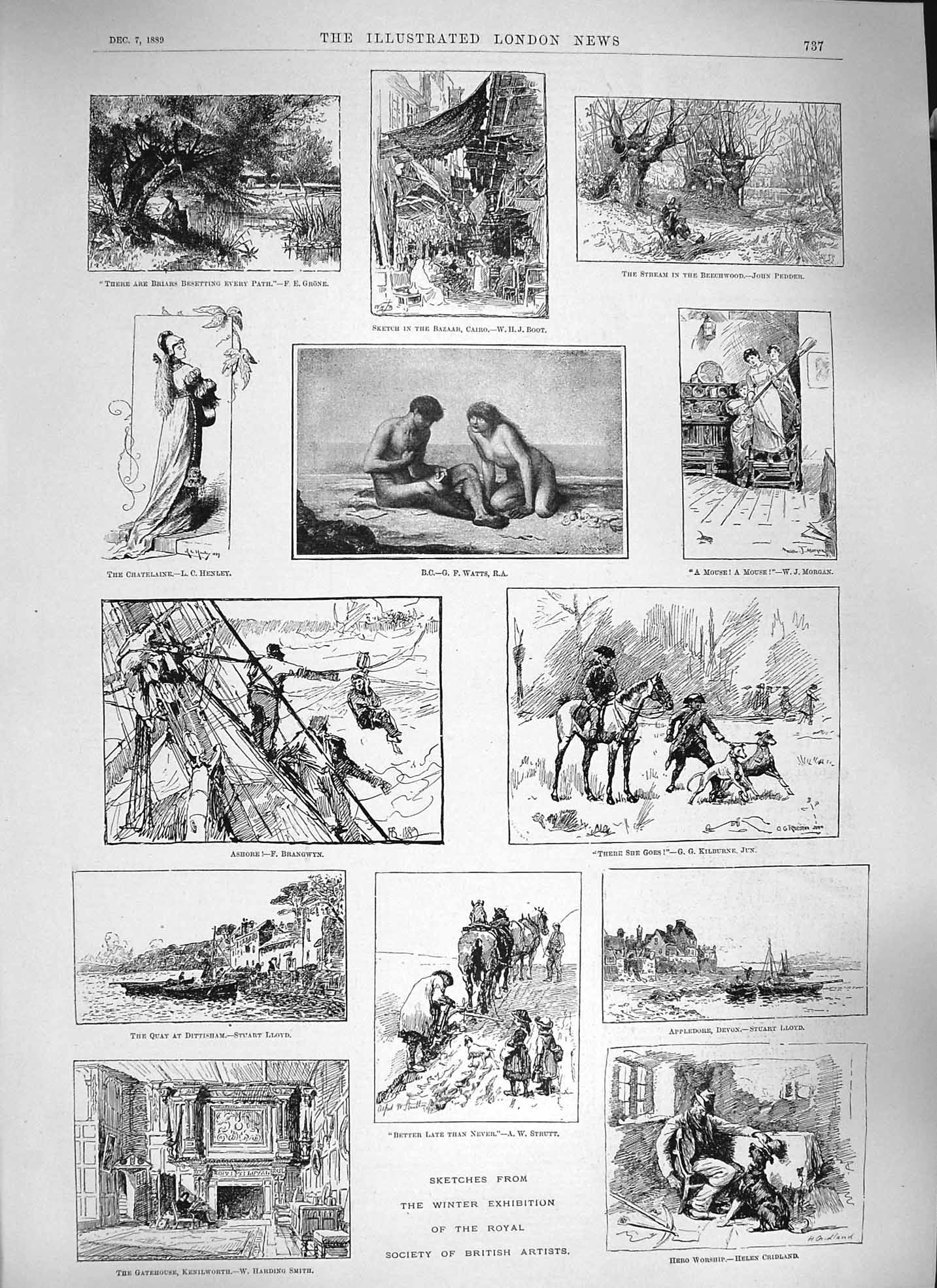 Old Antique Print 1889 Winter Exhibition Art Ship Horses Kenilworth Devon 19th