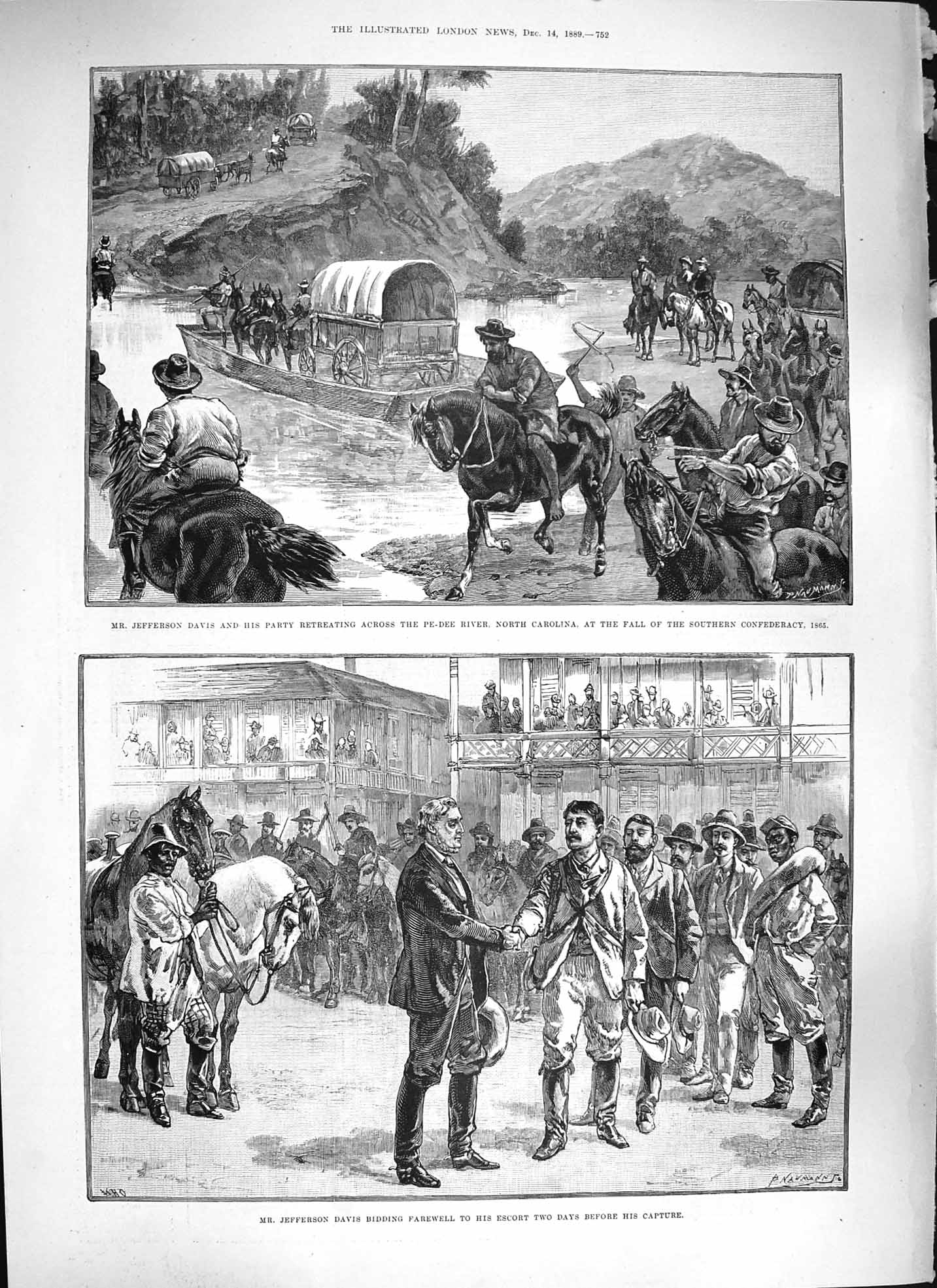 Original Old Antique Print 1889 Jefferson Davis Pe-Dee River North Carolina