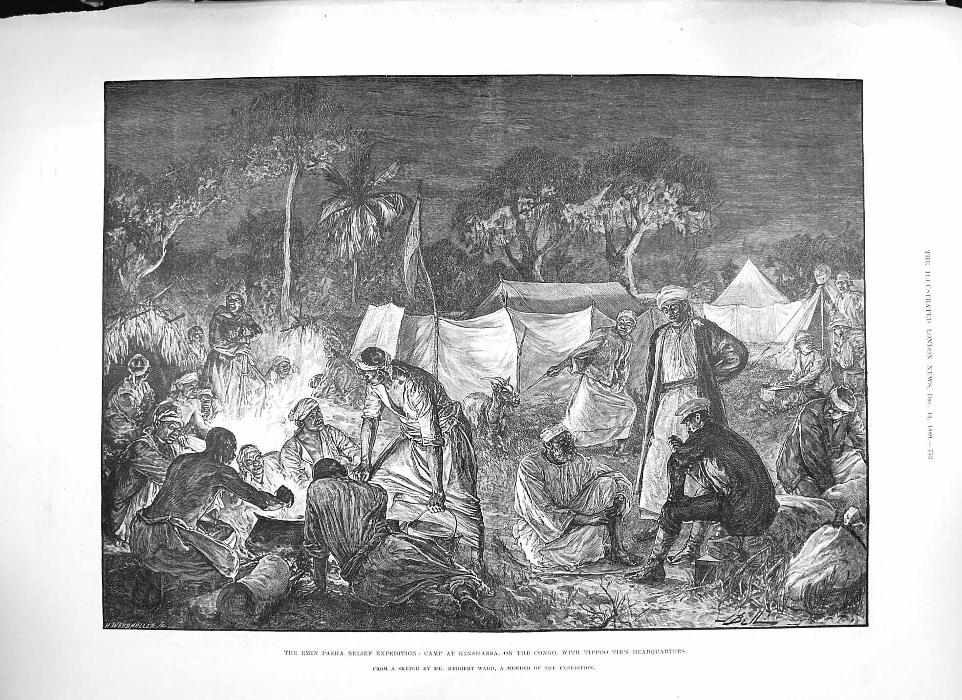 Original Old Antique Print 1889 Emin Pasha Camp Kinshassa Congo Tippoo Tib 19th