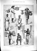 Original Old Antique Print 1889 Madagascar Night Watchman Native Beggar Fruit