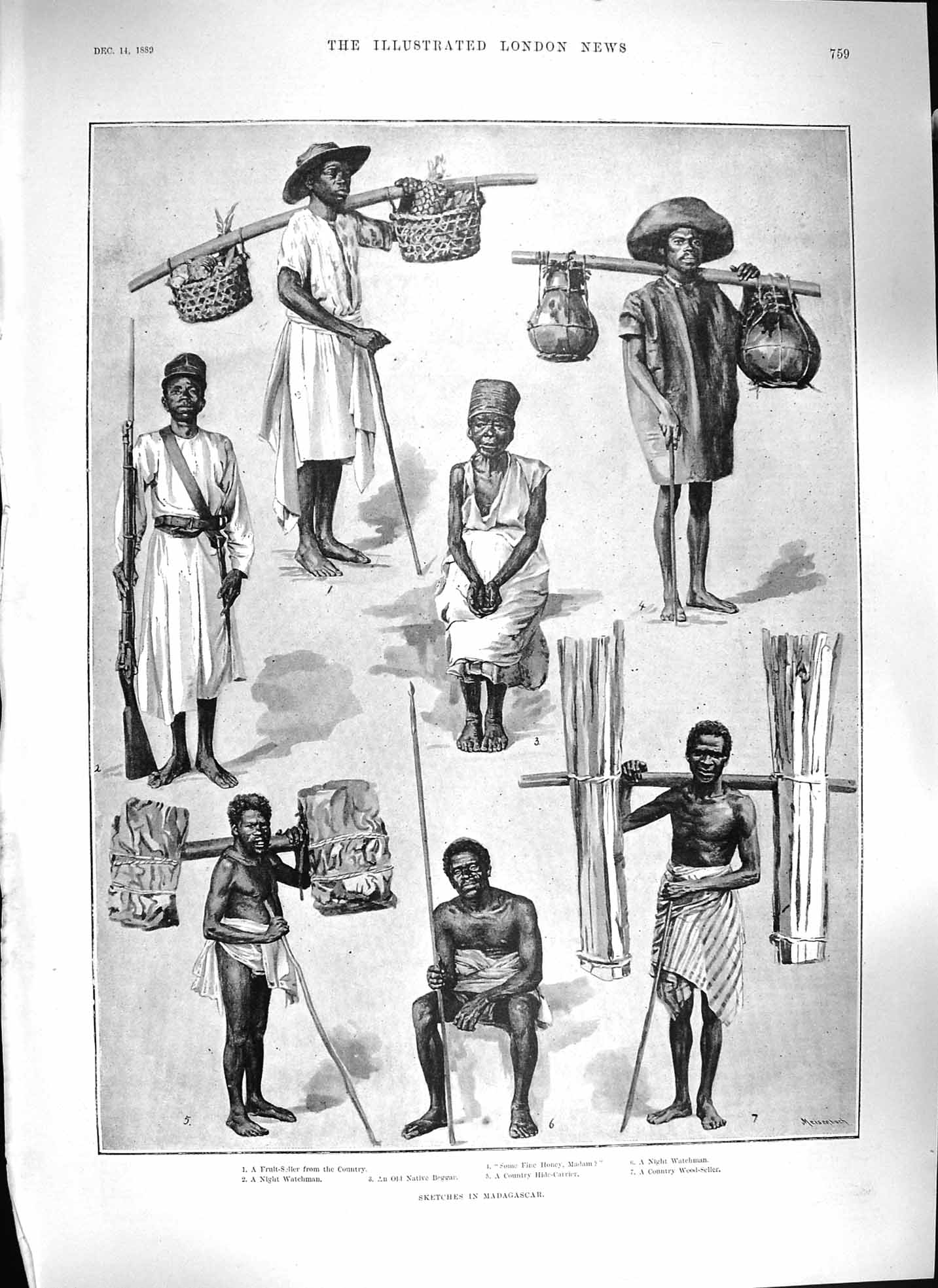 Original Old Antique Print 1889 Madagascar Night Watchman Native Beggar Fruit