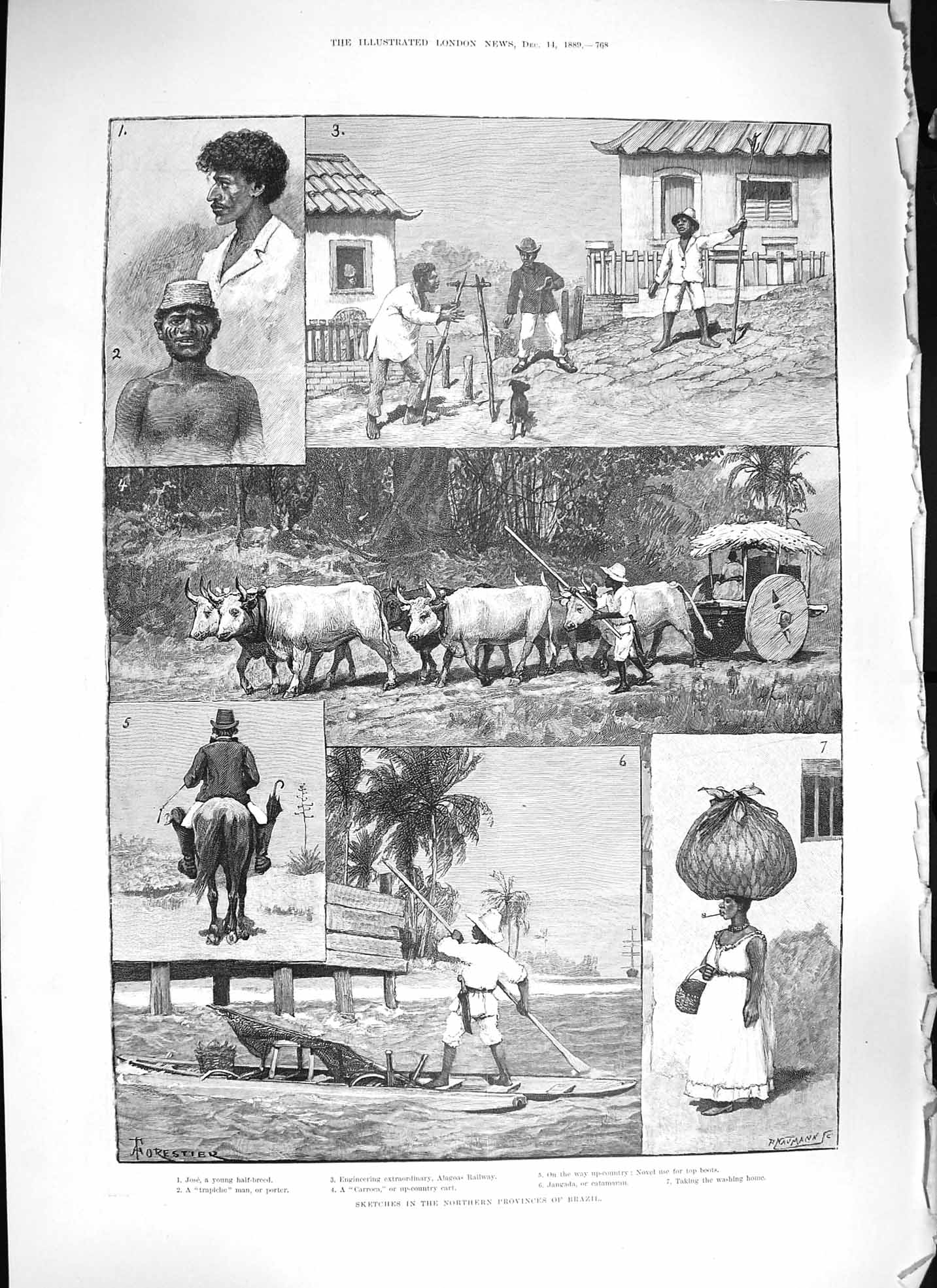 Original Old Antique Print 1889 Brazil Carroca Jangada Siers Portsmouth Ship