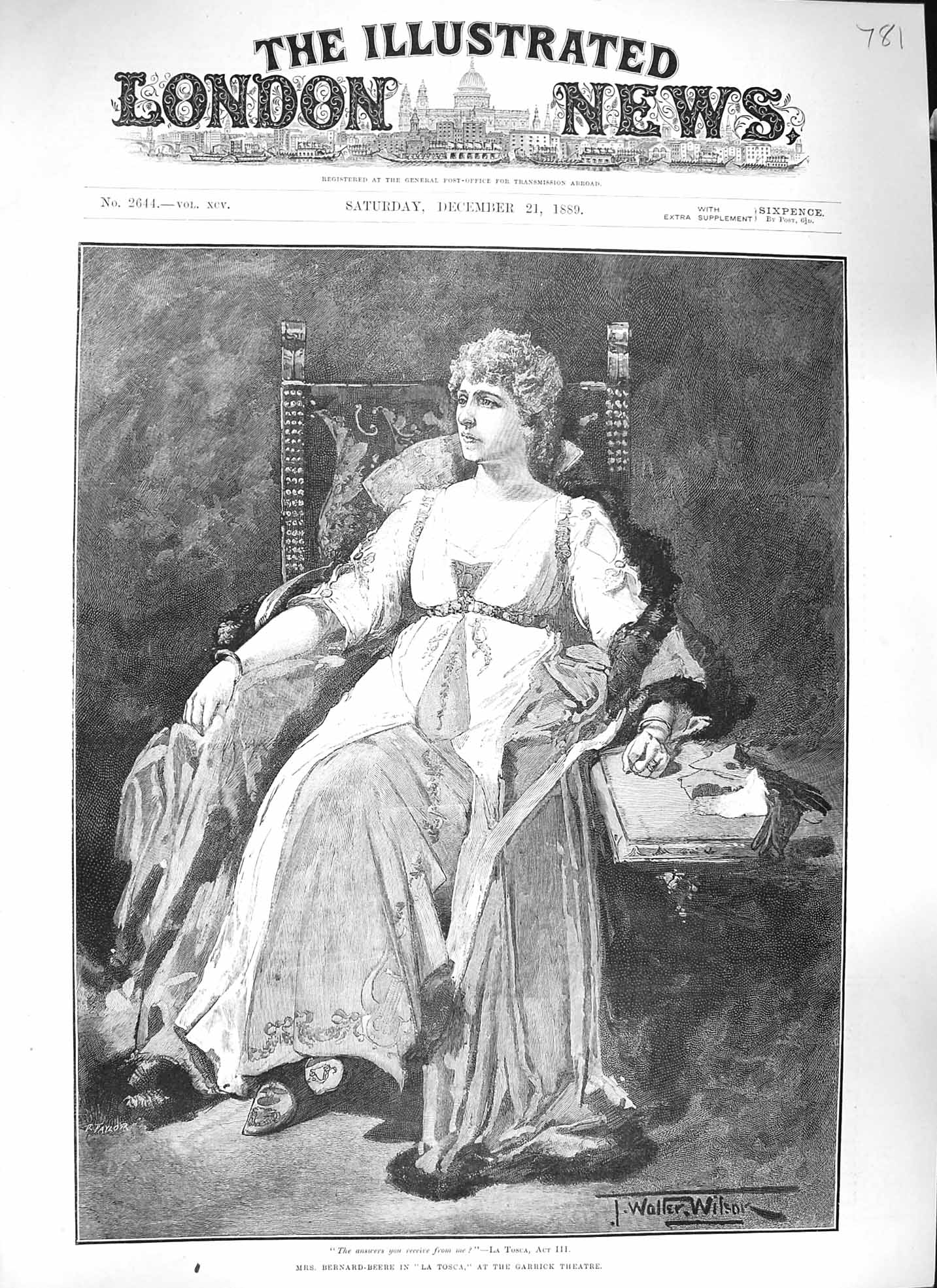 Old Antique Print 1889 Portrait Mrs Bernard-Beere Tosca Garrick Theatre 19th